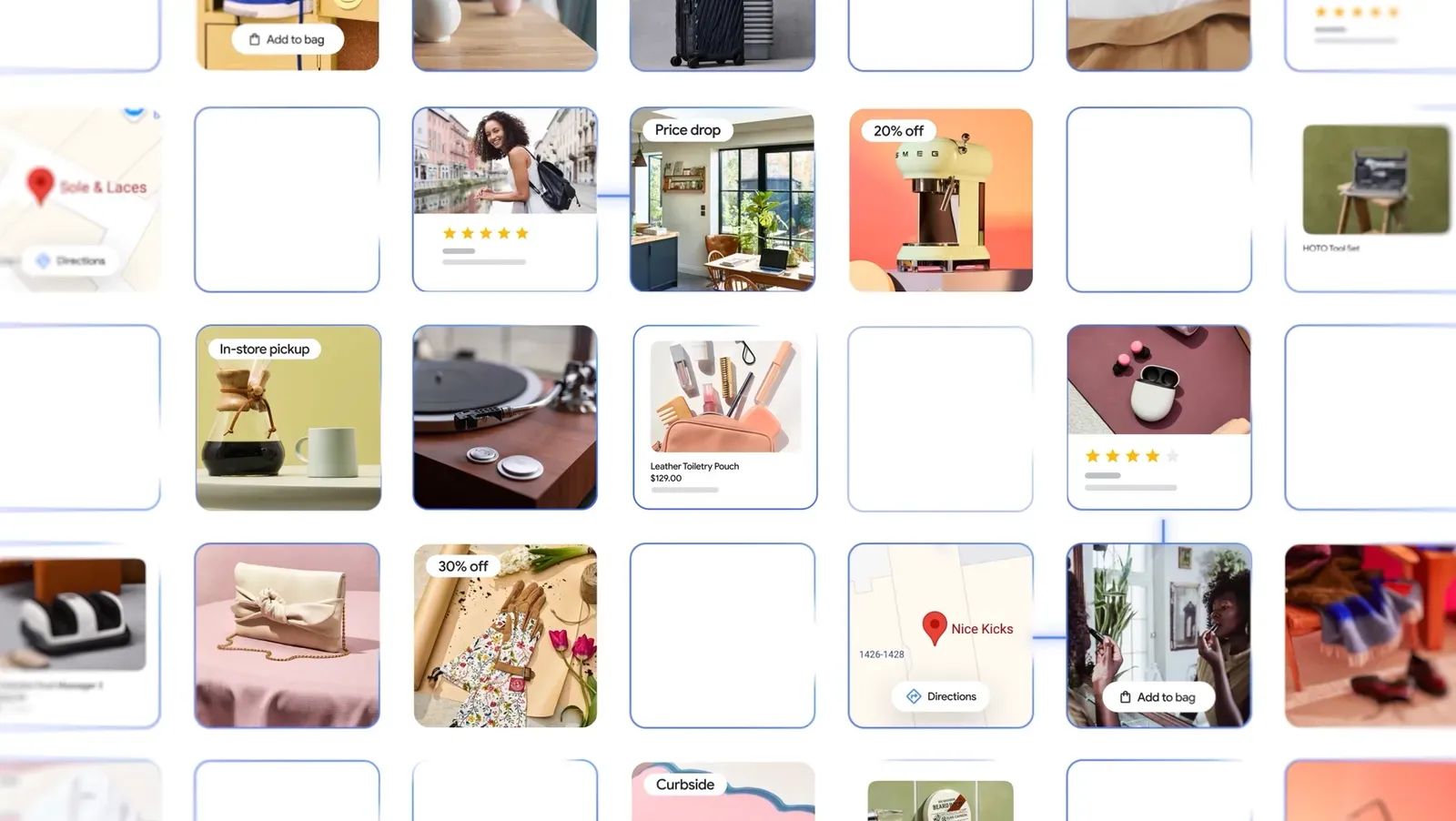 Google Shopping search results showing various products with visual search and shopping integration