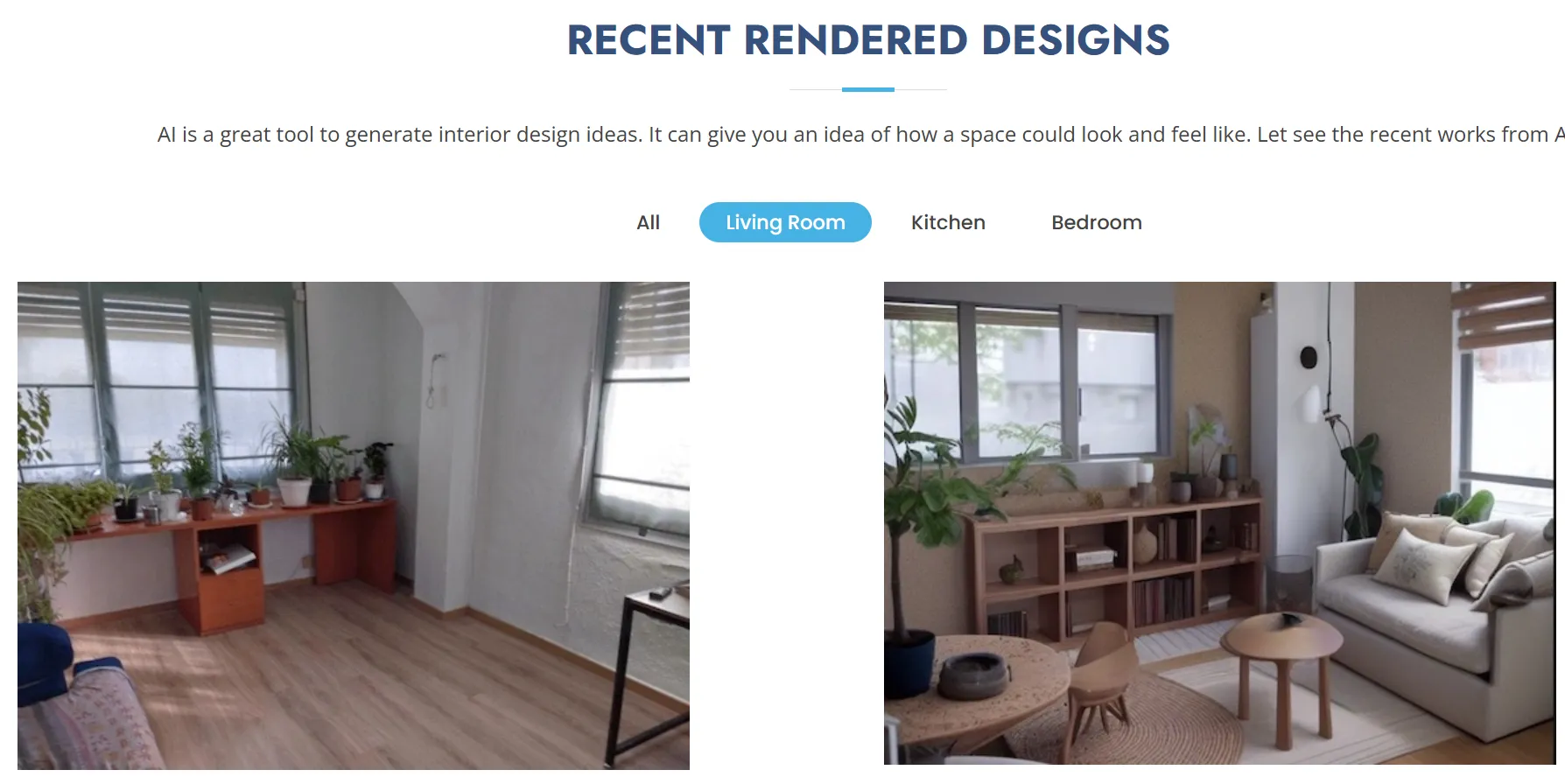 AI-generated interior design examples showing recent rendered designs for living rooms with modern furniture and decor