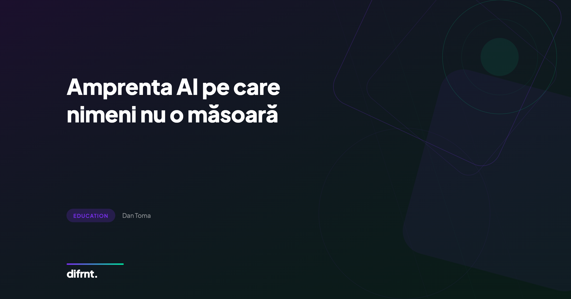 Ilustrație geometrică abstractă cu forme violet și verde reprezentând impactul ecologic al inteligenței artificiale în marketing