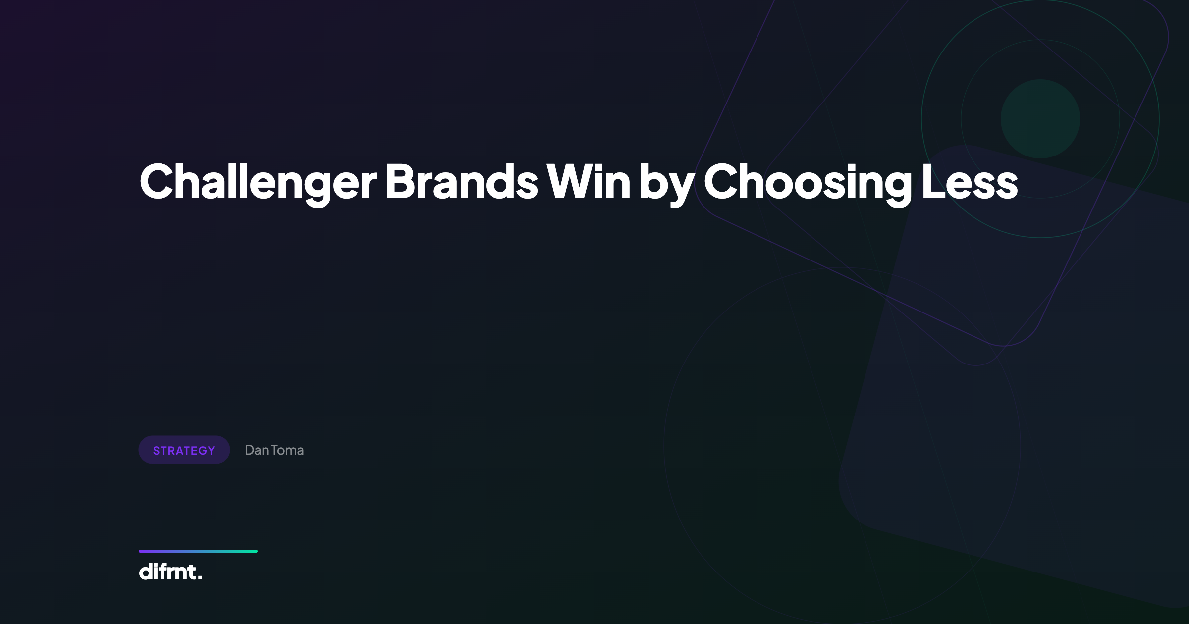 Stylized infographic about challenger brand strategy with small budgets, glassmorphism design with purple and green gradients on dark background