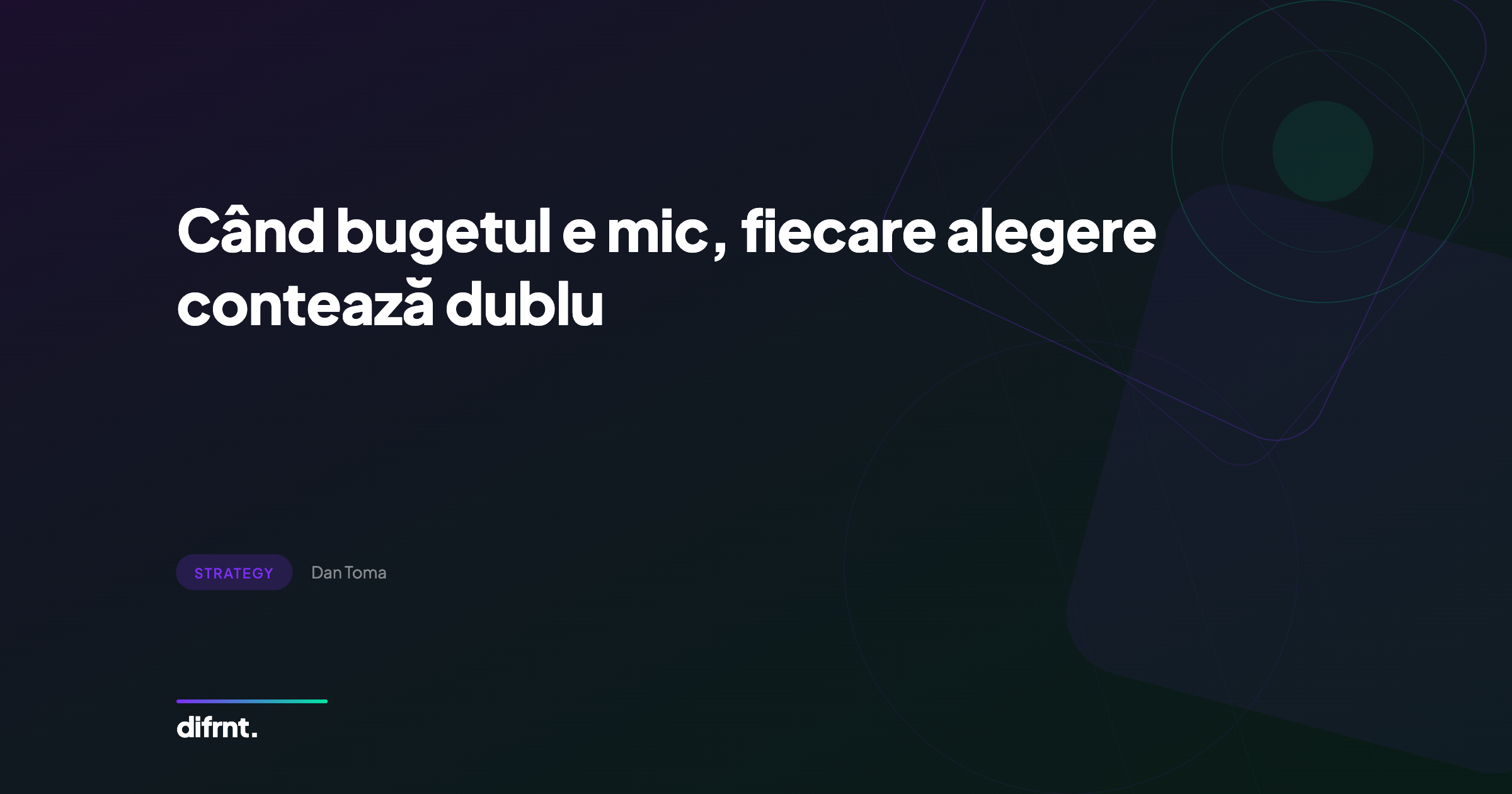 Infografic stilizat despre strategia brandurilor challenger cu buget mic, design glassmorphism cu gradienți violet și verde pe fundal întunecat