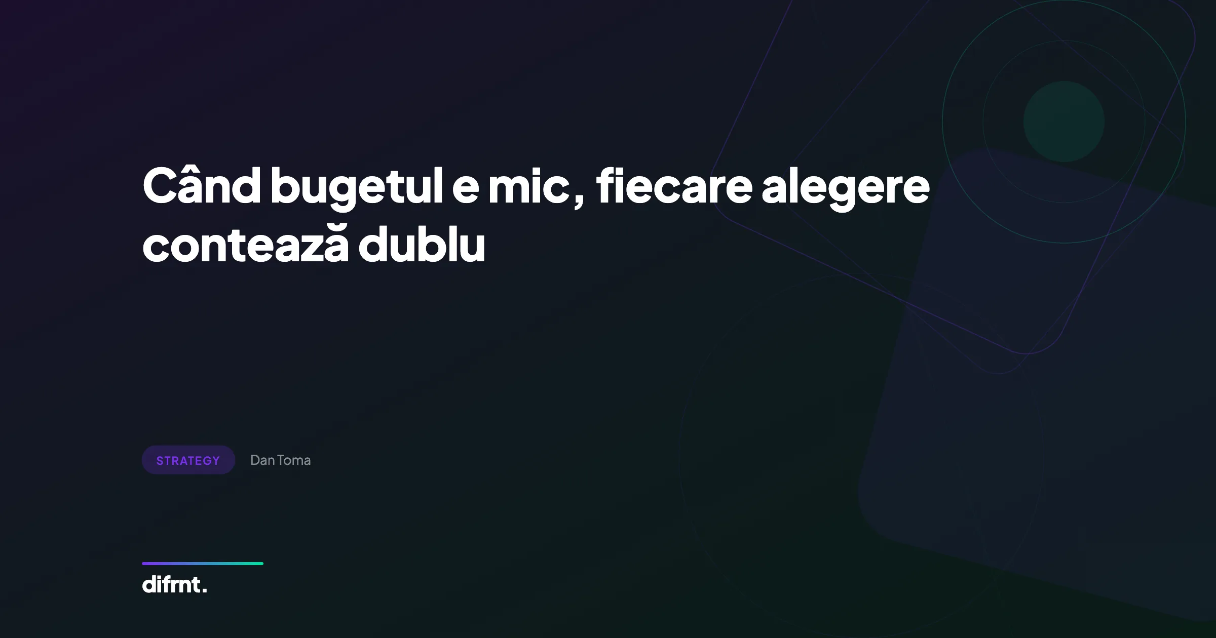 Infografic stilizat despre strategia brandurilor challenger cu buget mic, design glassmorphism cu gradienți violet și verde pe fundal întunecat