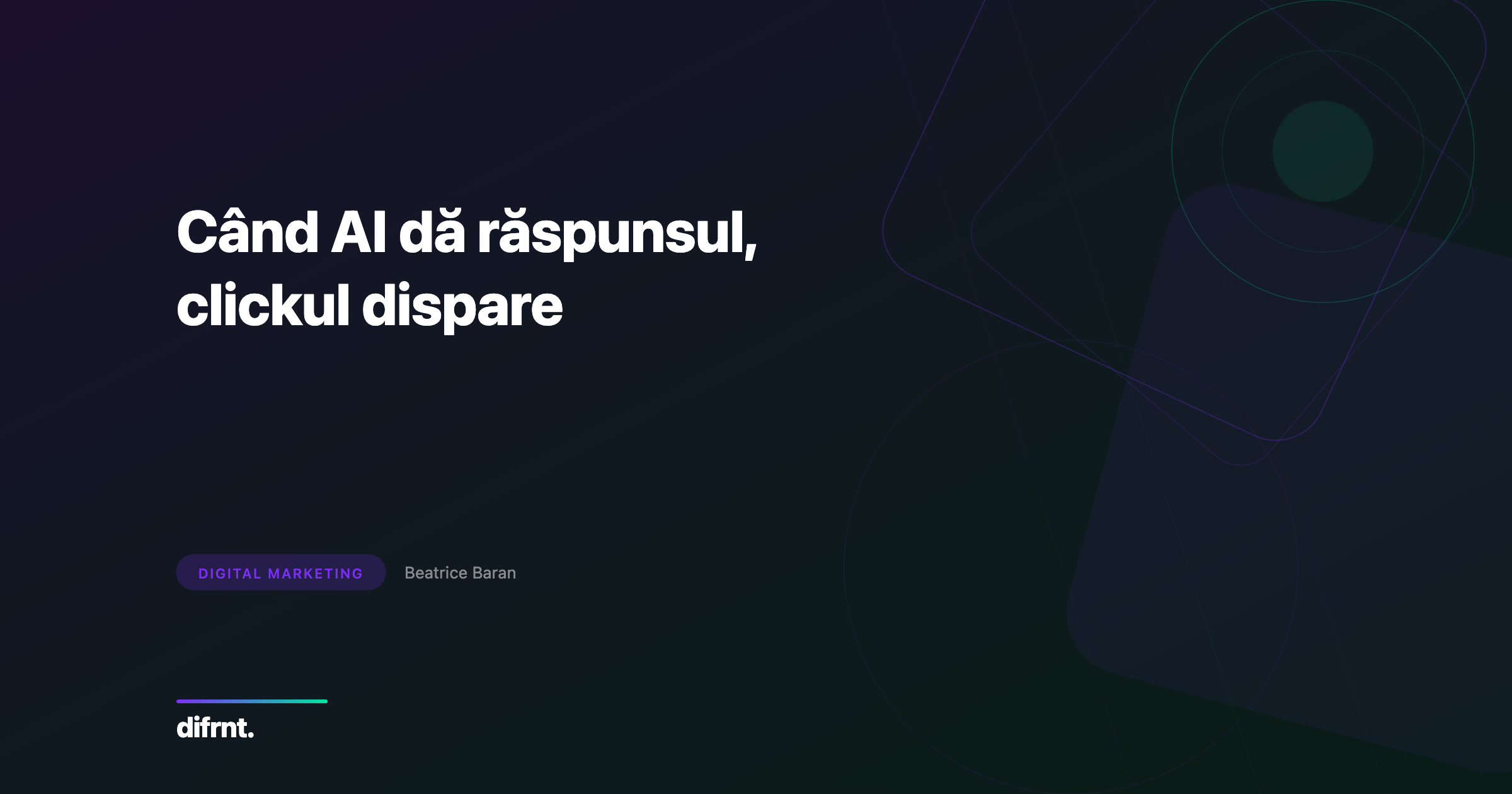 Grafic abstract reprezentând scăderea ratei de click în motoarele de căutare AI, cu elemente geometrice în culorile brandului difrnt.