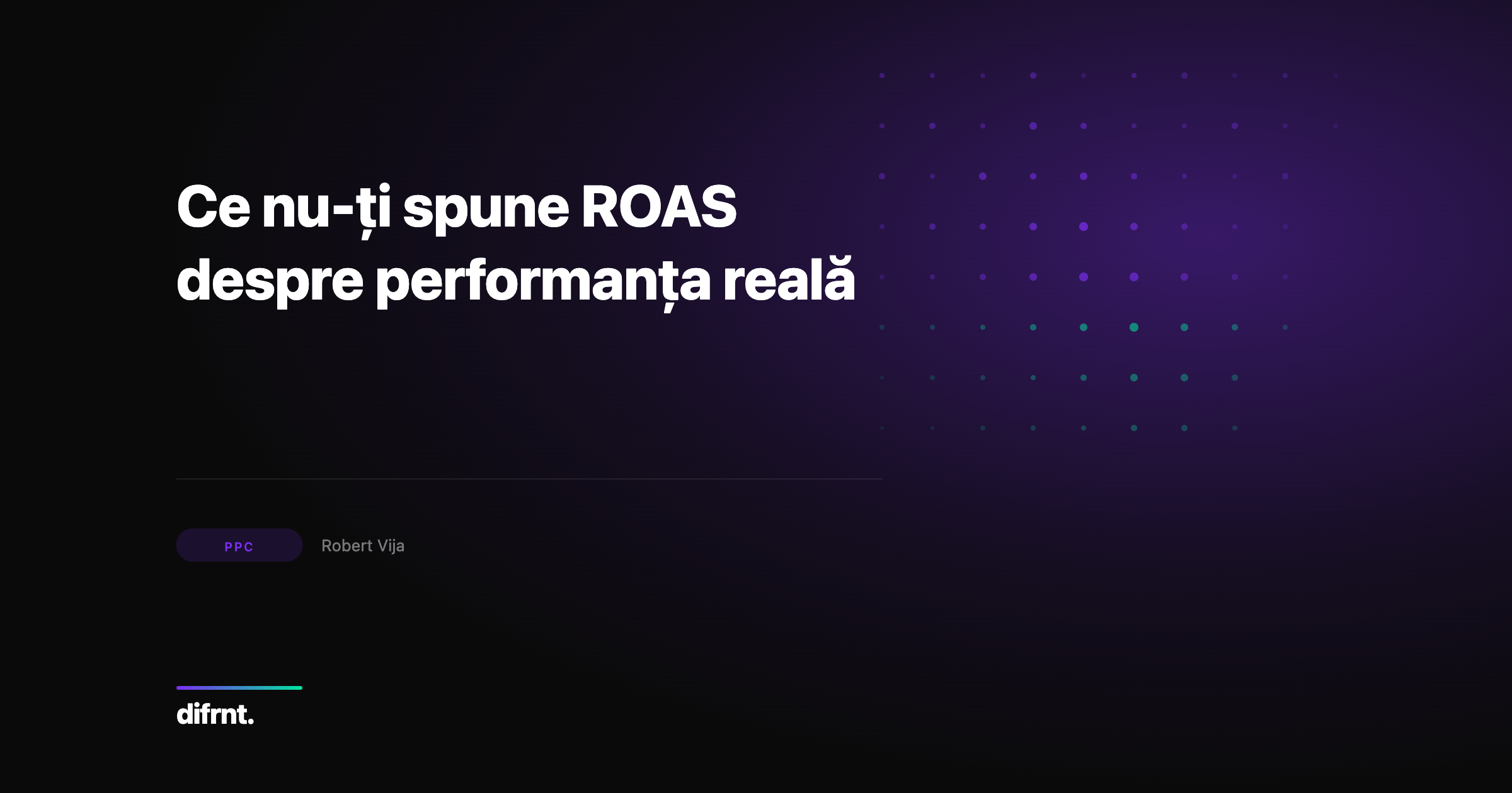 Grafic conceptual cu metrici de performance marketing dincolo de ROAS, pe fundal întunecat cu accente violet și verde