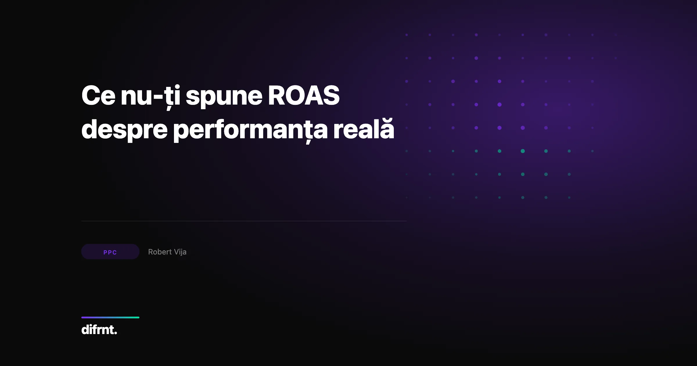 Grafic conceptual cu metrici de performance marketing dincolo de ROAS, pe fundal întunecat cu accente violet și verde