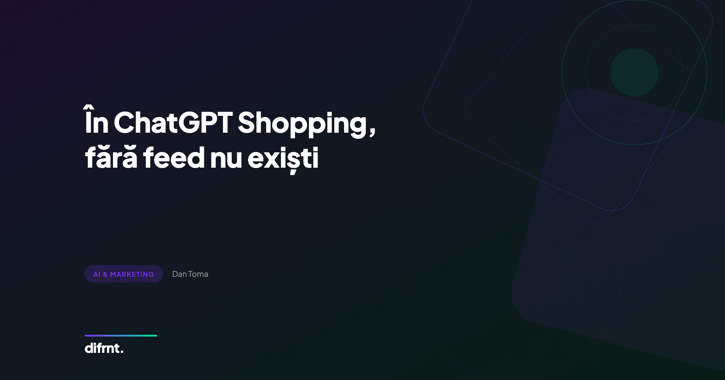 Ilustrație grafică cu elemente geometrice în violet și verde pe fundal întunecat, reprezentând vizibilitatea produselor în ChatGPT Shopping
