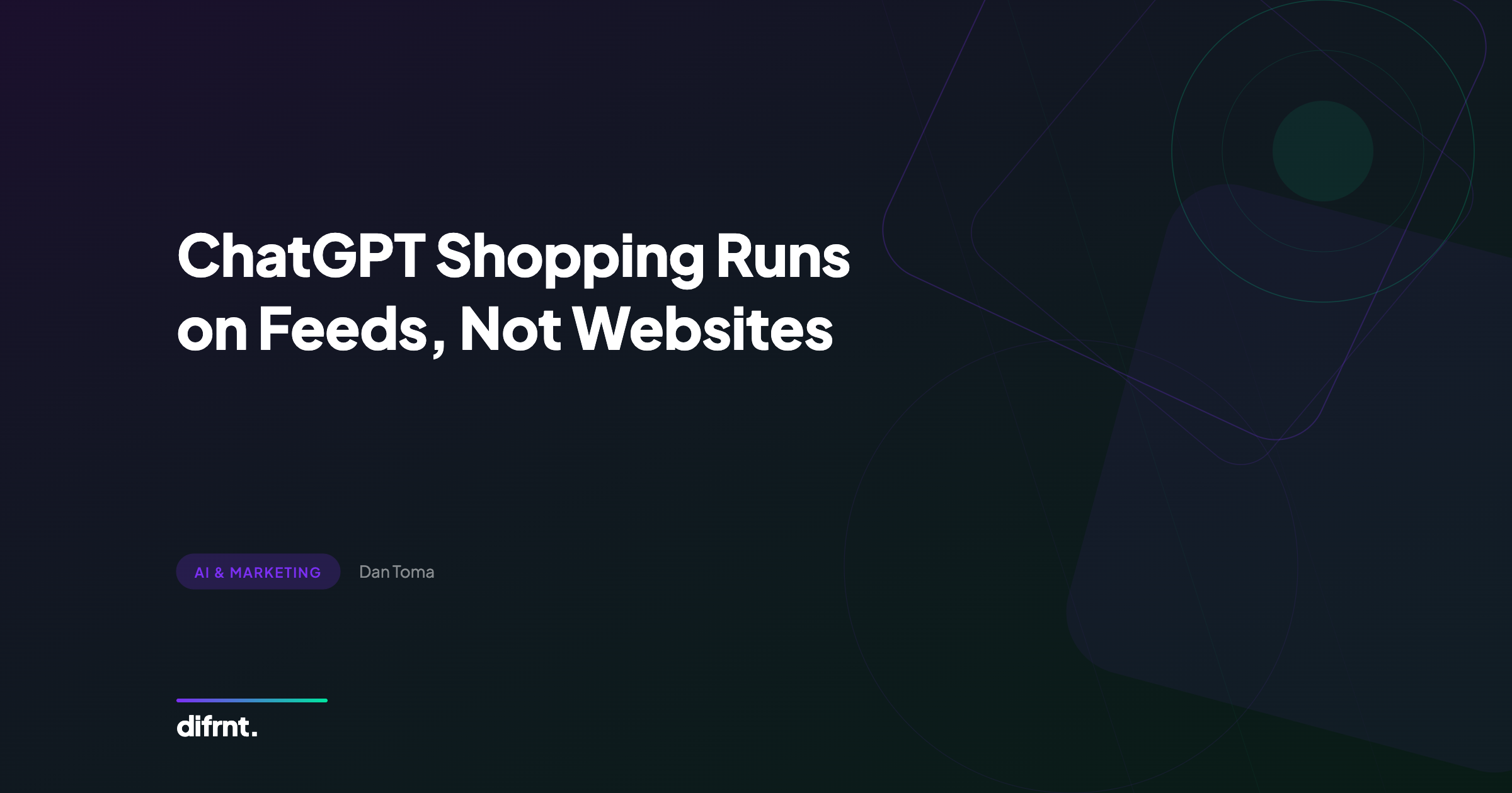 Graphic illustration with geometric elements in purple and green on dark background, representing product visibility in ChatGPT Shopping