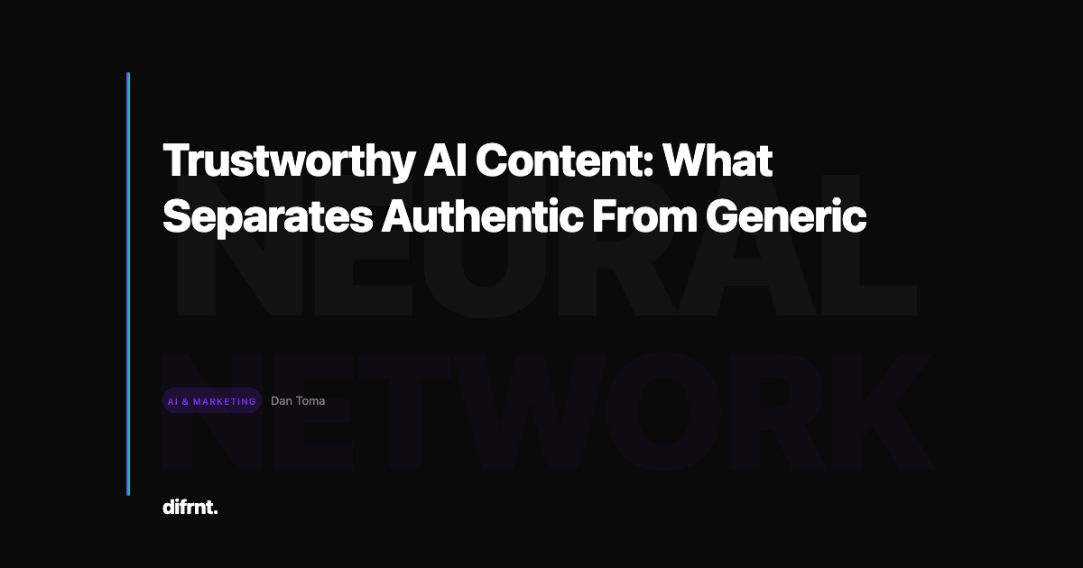 Graphic illustration about trustworthy AI content with strategy and transparency elements on dark background