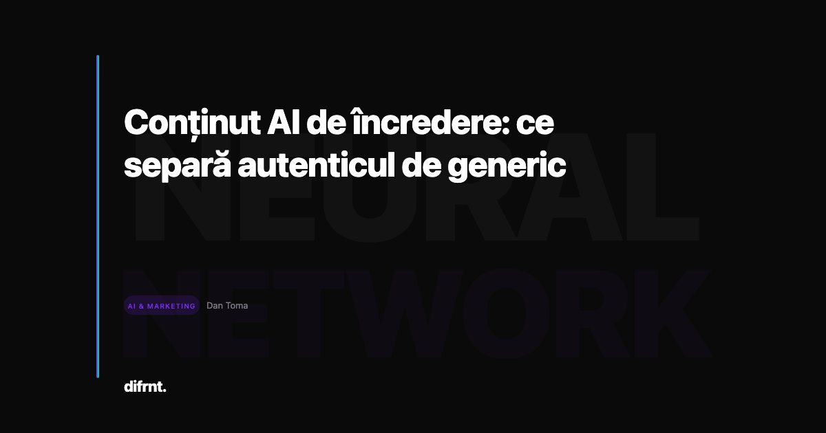 Ilustrație grafică despre conținut AI autentic cu elemente de strategie și transparență pe fundal întunecat