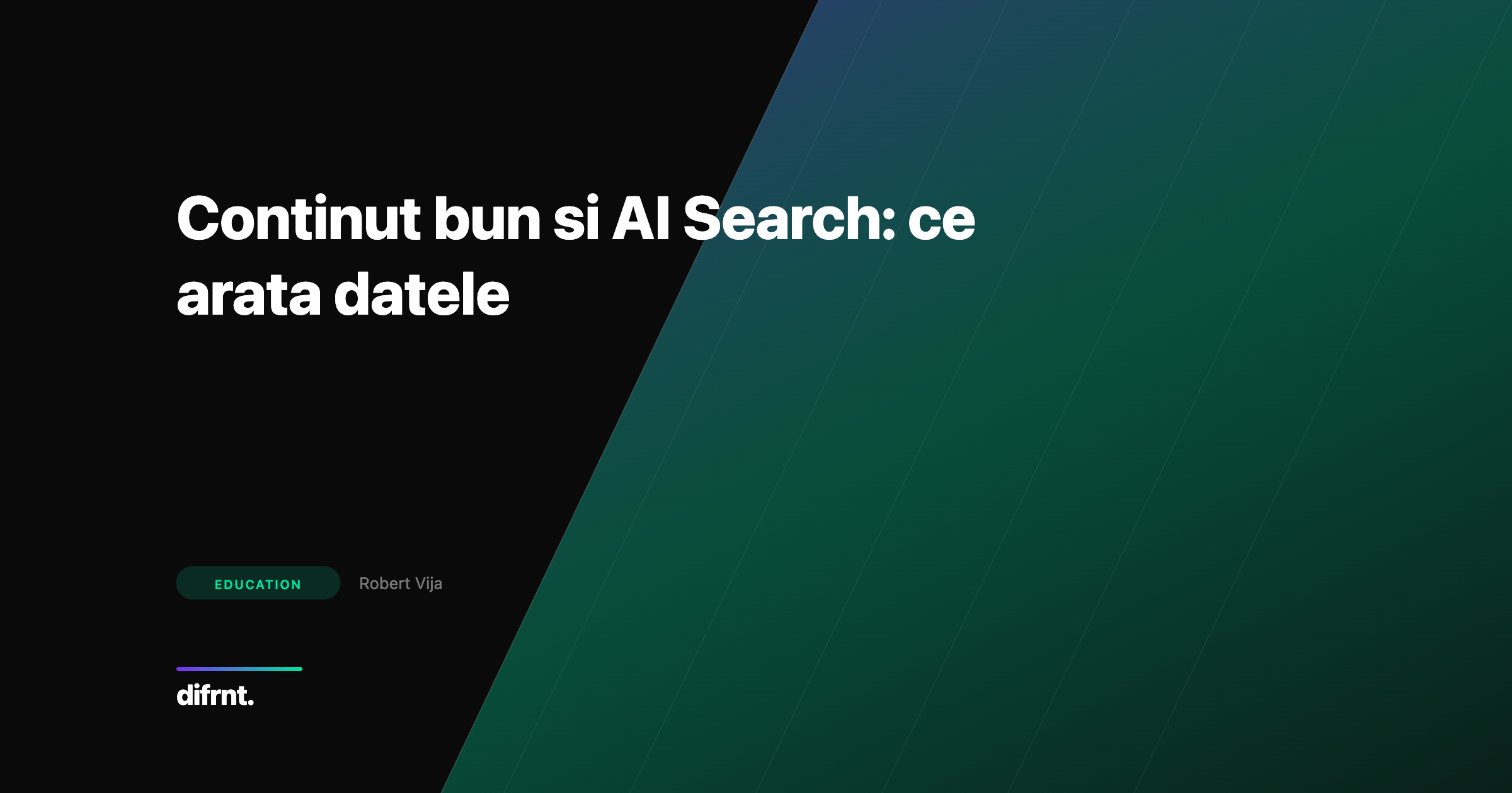 Ilustratie grafica pentru articolul despre calitatea continutului in AI Search cu elemente diagonale in violet si verde