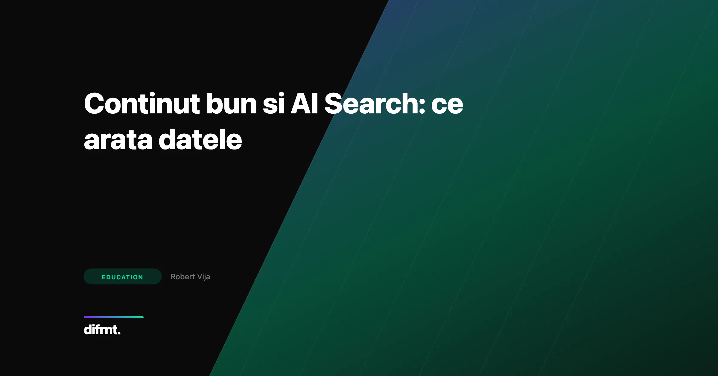 Ilustratie grafica pentru articolul despre calitatea continutului in AI Search cu elemente diagonale in violet si verde