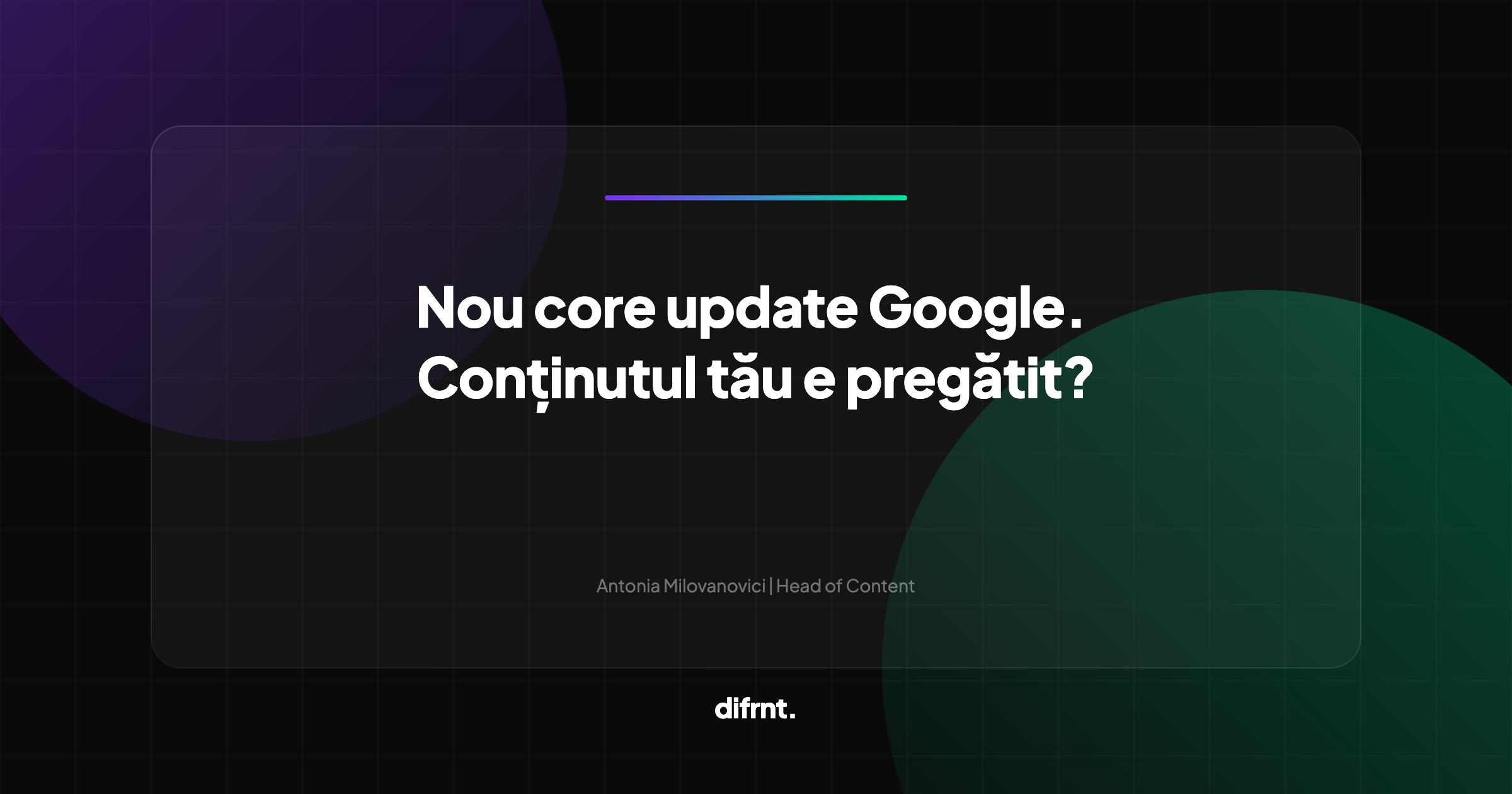 Ilustrație abstractă reprezentând evaluarea conținutului web pe fundal întunecat cu elemente grafice purple și verde difrnt.