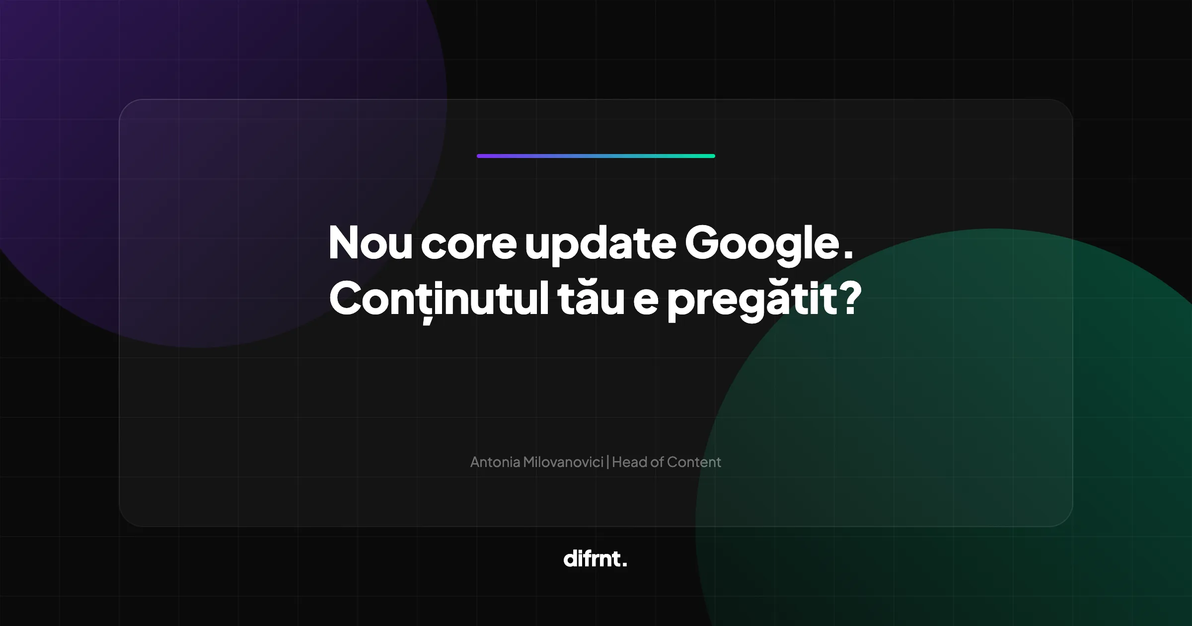 Ilustrație abstractă reprezentând evaluarea conținutului web pe fundal întunecat cu elemente grafice purple și verde difrnt.