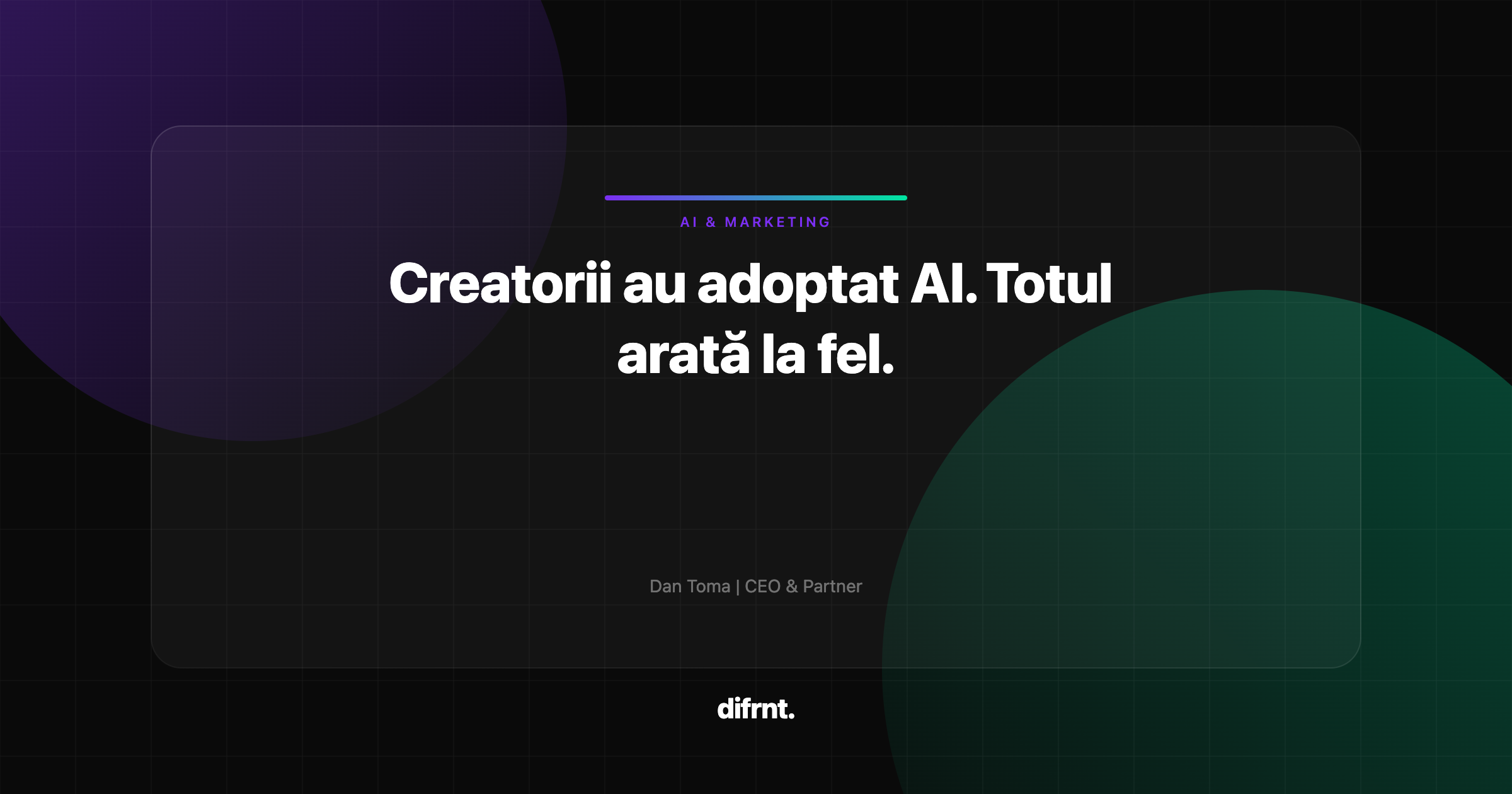 Ilustrație grafică abstractă cu forme geometrice în violet și verde pe fundal întunecat, reprezentând convergența conținutului în economia creatorilor și AI