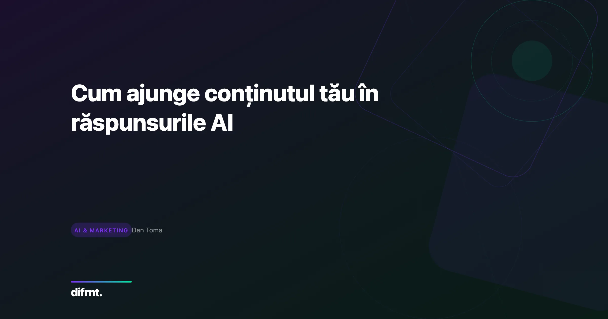 Ilustrație grafică cu elemente geometrice și gradiente în violet și verde pentru articolul despre Answer Engine Optimization
