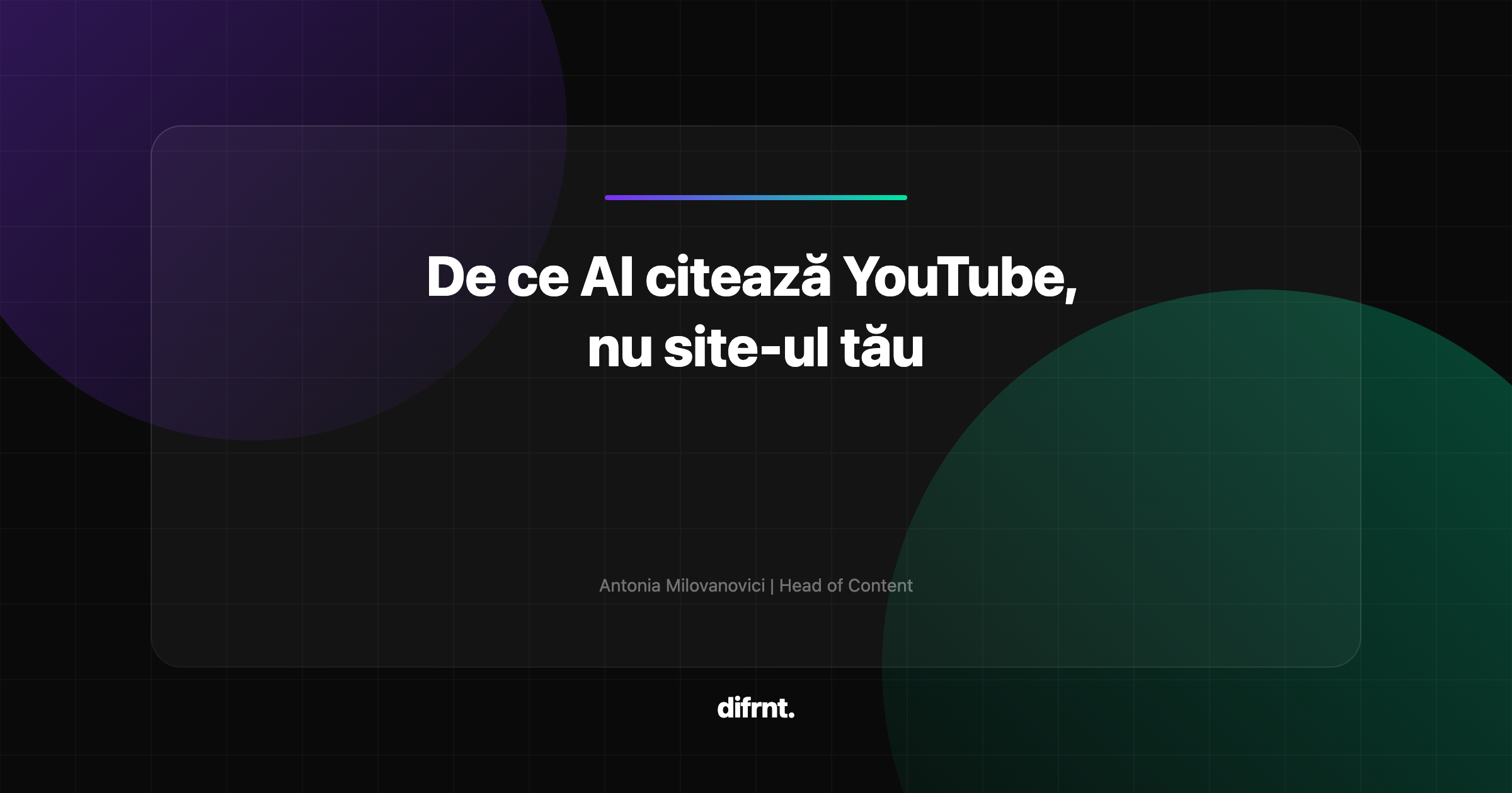 Ilustrație abstractă cu linii curbate violet și verde reprezentând convergența dintre YouTube și vizibilitatea AI