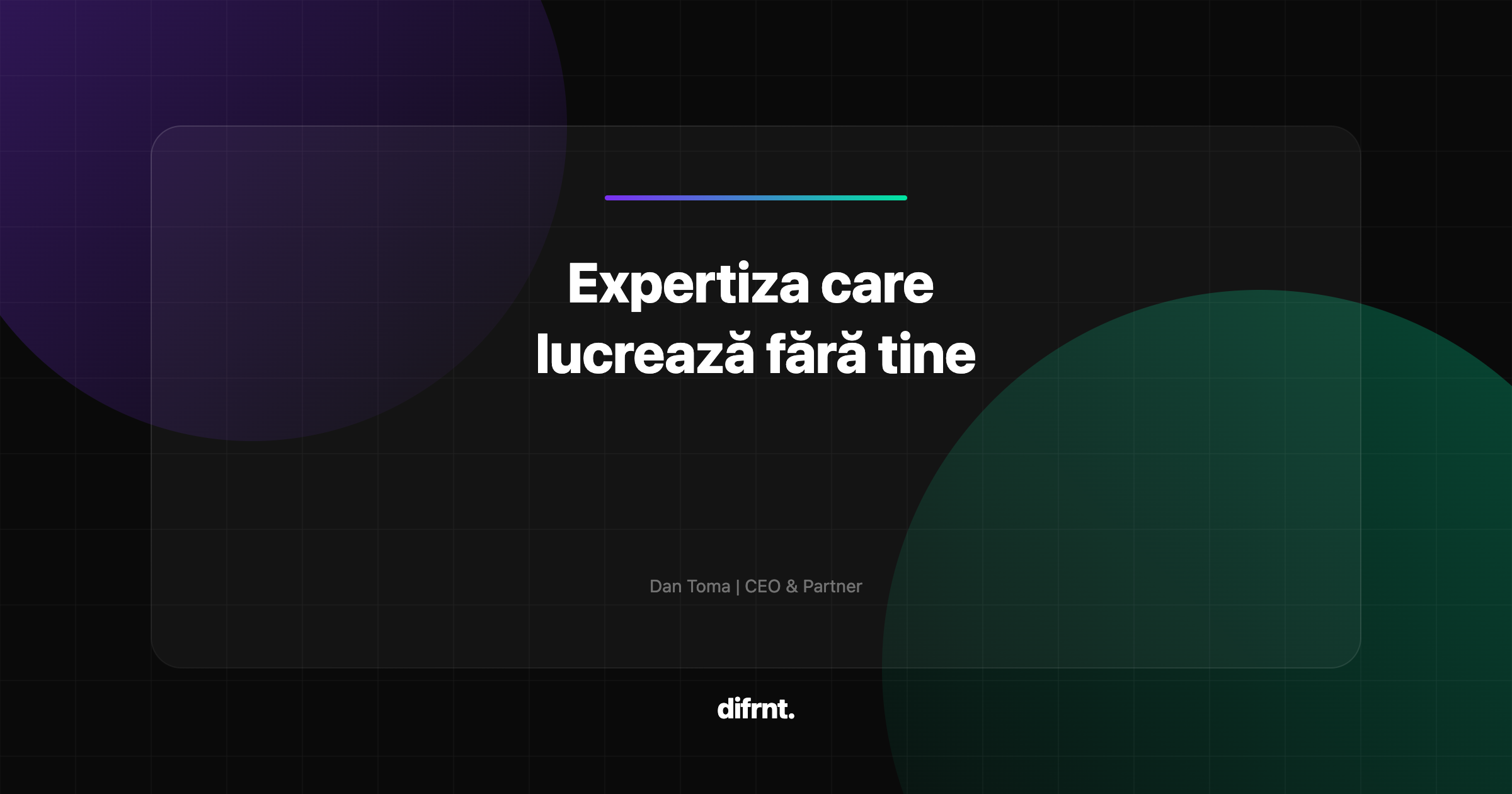 Ilustrație abstractă cu elemente geometrice și gradient violet-verde, reprezentând transformarea expertizei în instrumente AI