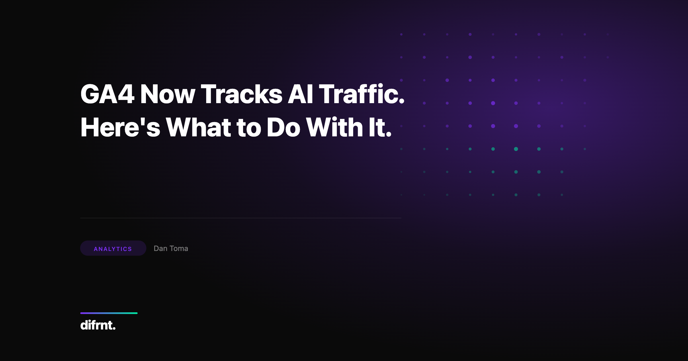 Abstract dot matrix illustration in difrnt brand colors about the GA4 AI Assistant channel in Google Analytics 4