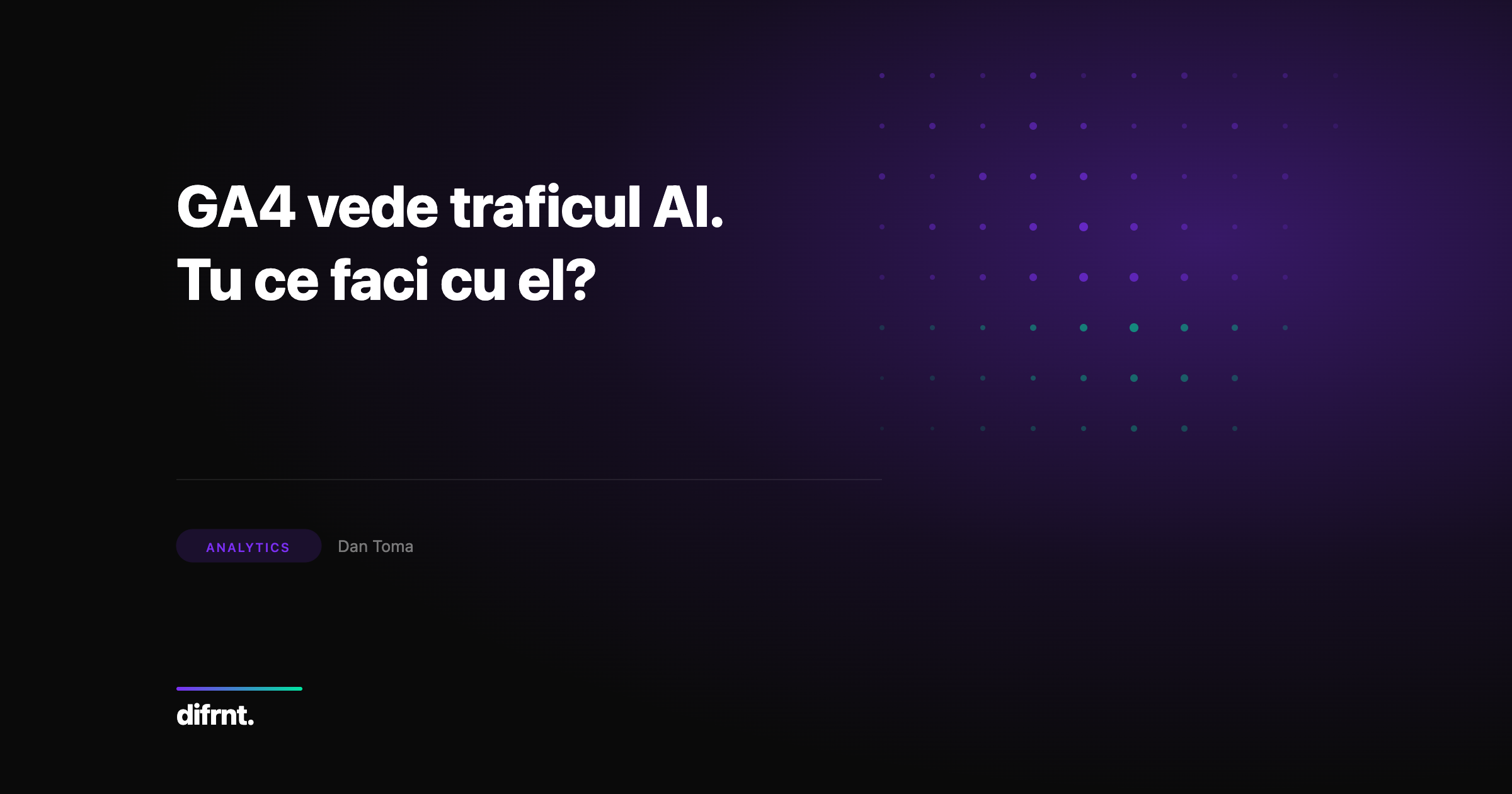 Ilustrație abstractă cu matrice de puncte în culorile difrnt despre canalul AI Assistant din Google Analytics 4