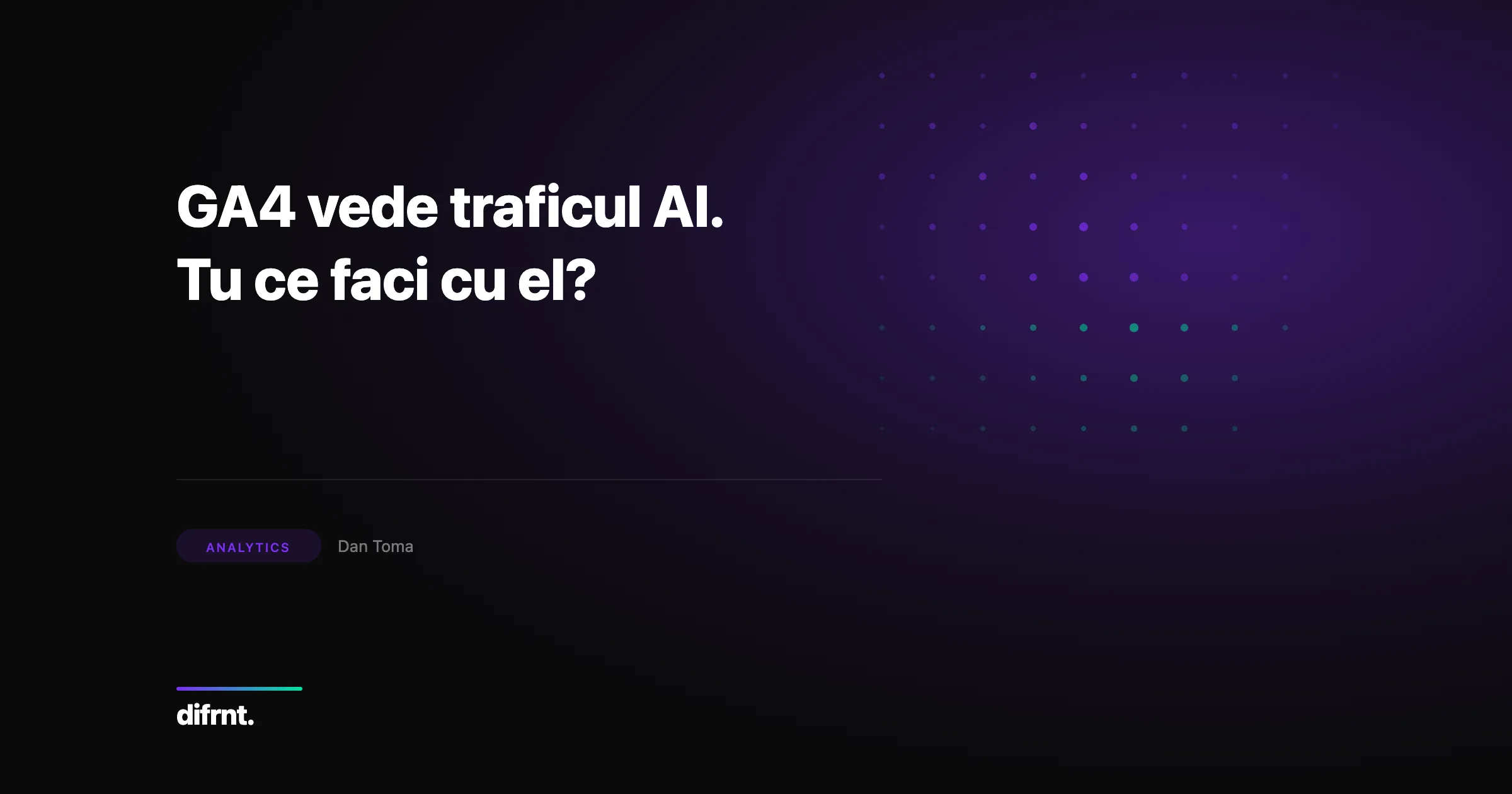 Ilustrație abstractă cu matrice de puncte în culorile difrnt despre canalul AI Assistant din Google Analytics 4