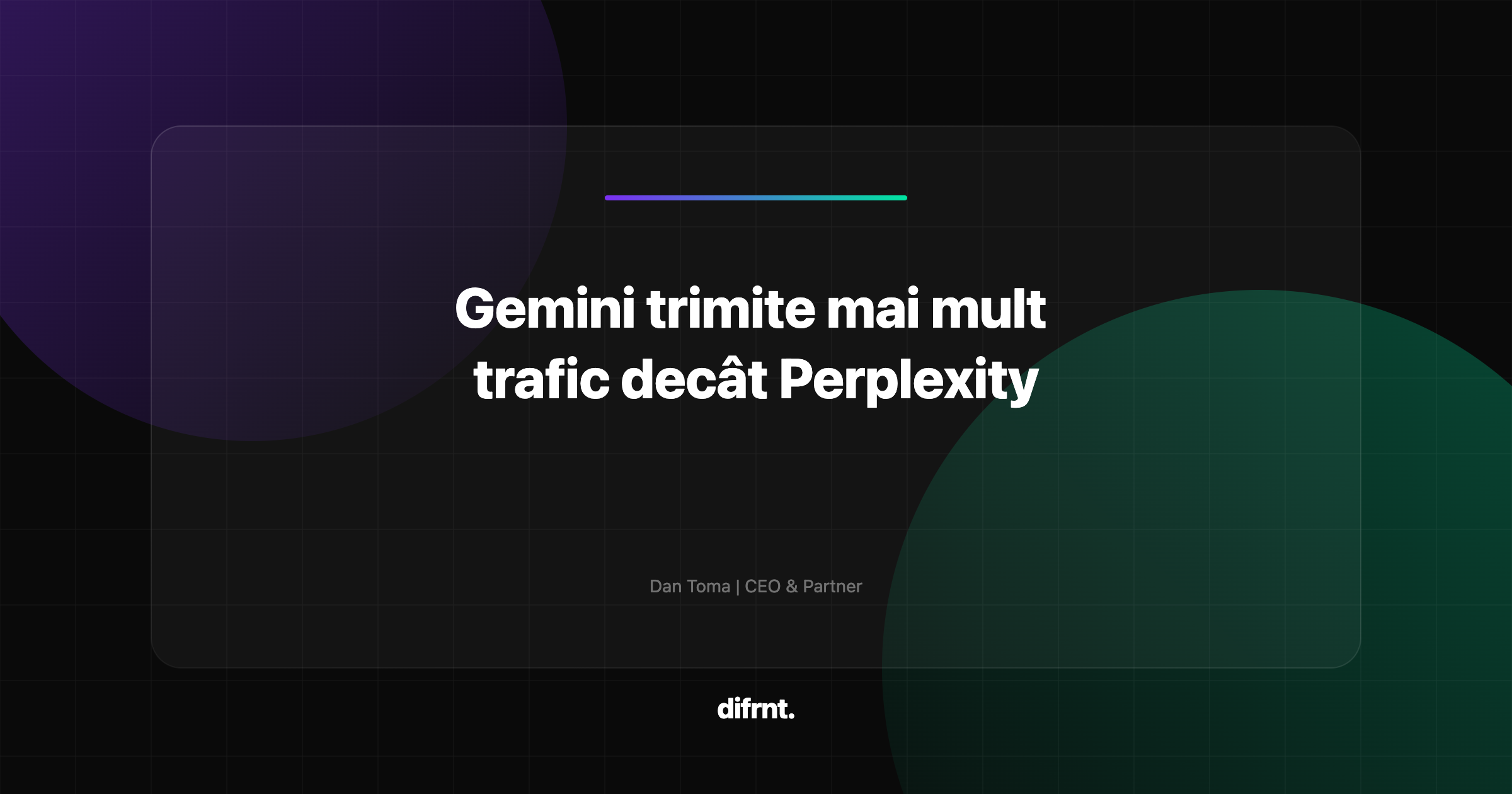 Ilustrație grafică cu elemente geometrice și gradiente violet-verde despre traficul referral din motoarele AI