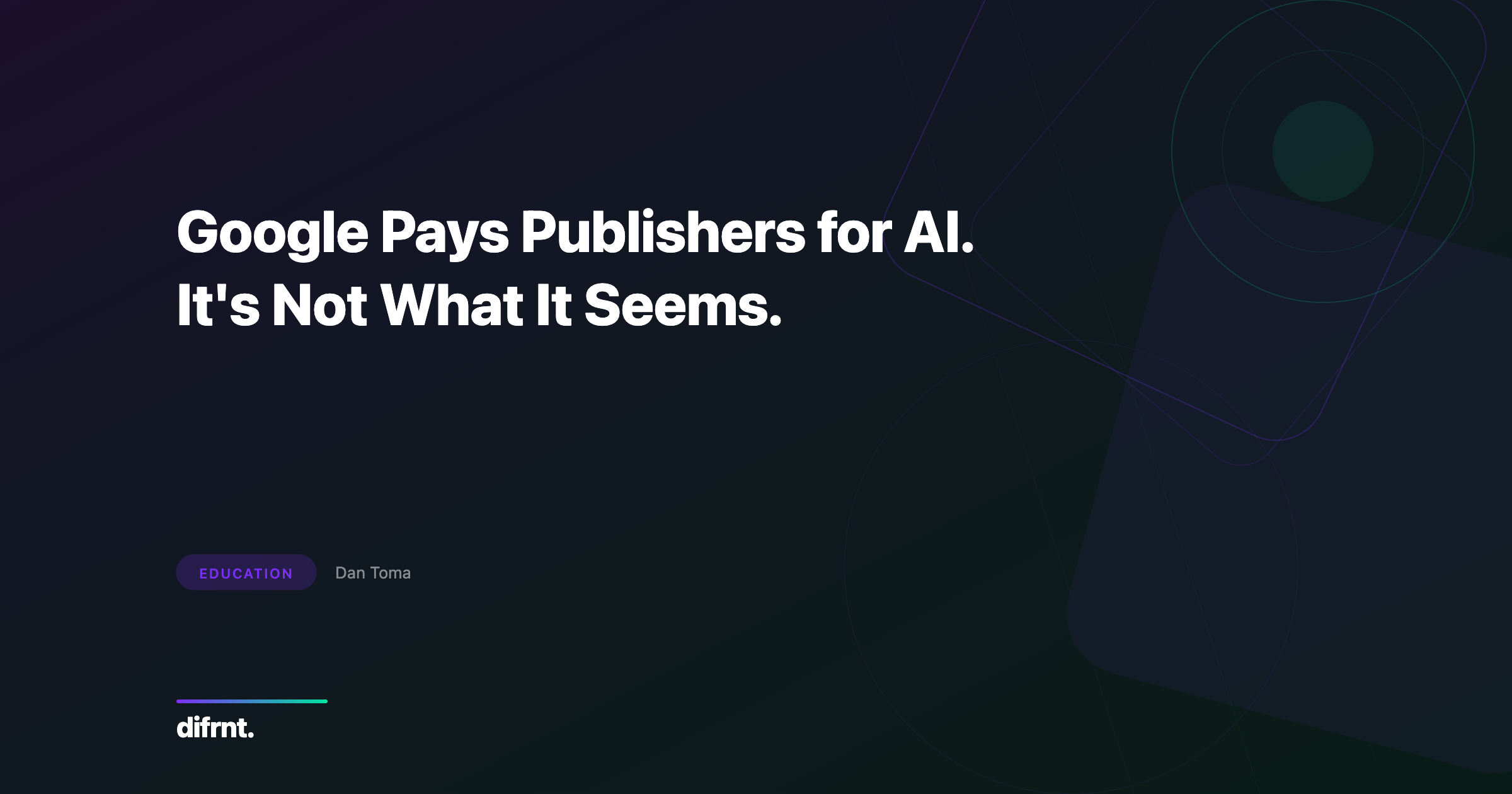 Geometric graphic illustration with purple and green shapes on dark background, representing Google AI publisher payments and AI Overviews monetization