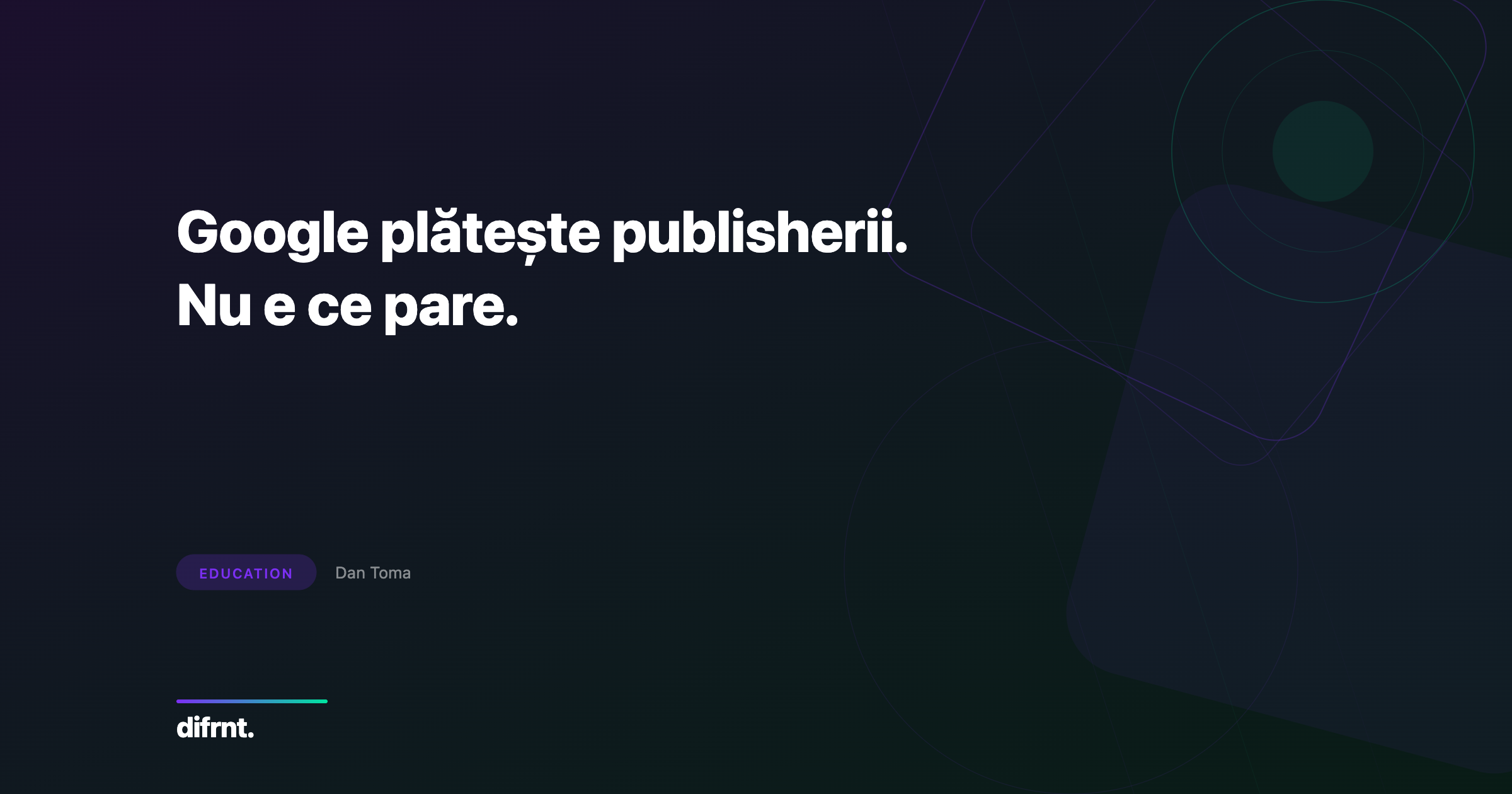 Ilustrație grafică cu forme geometrice în violet și verde pe fundal întunecat, simbolizând plățile Google pentru conținut AI în AI Overviews
