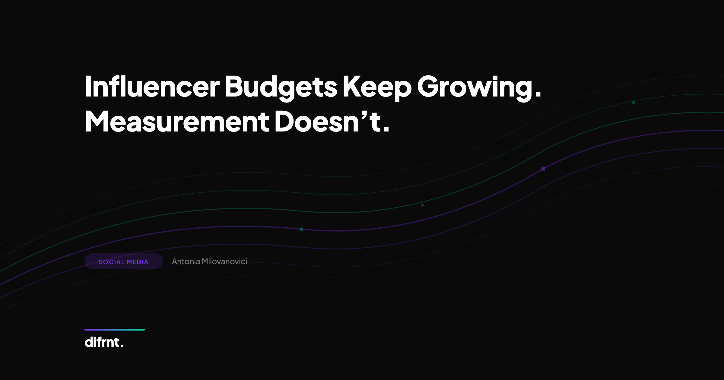 Abstract graphic on dark background illustrating influencer marketing measurement challenges, with purple and green accents in difrnt. brand style