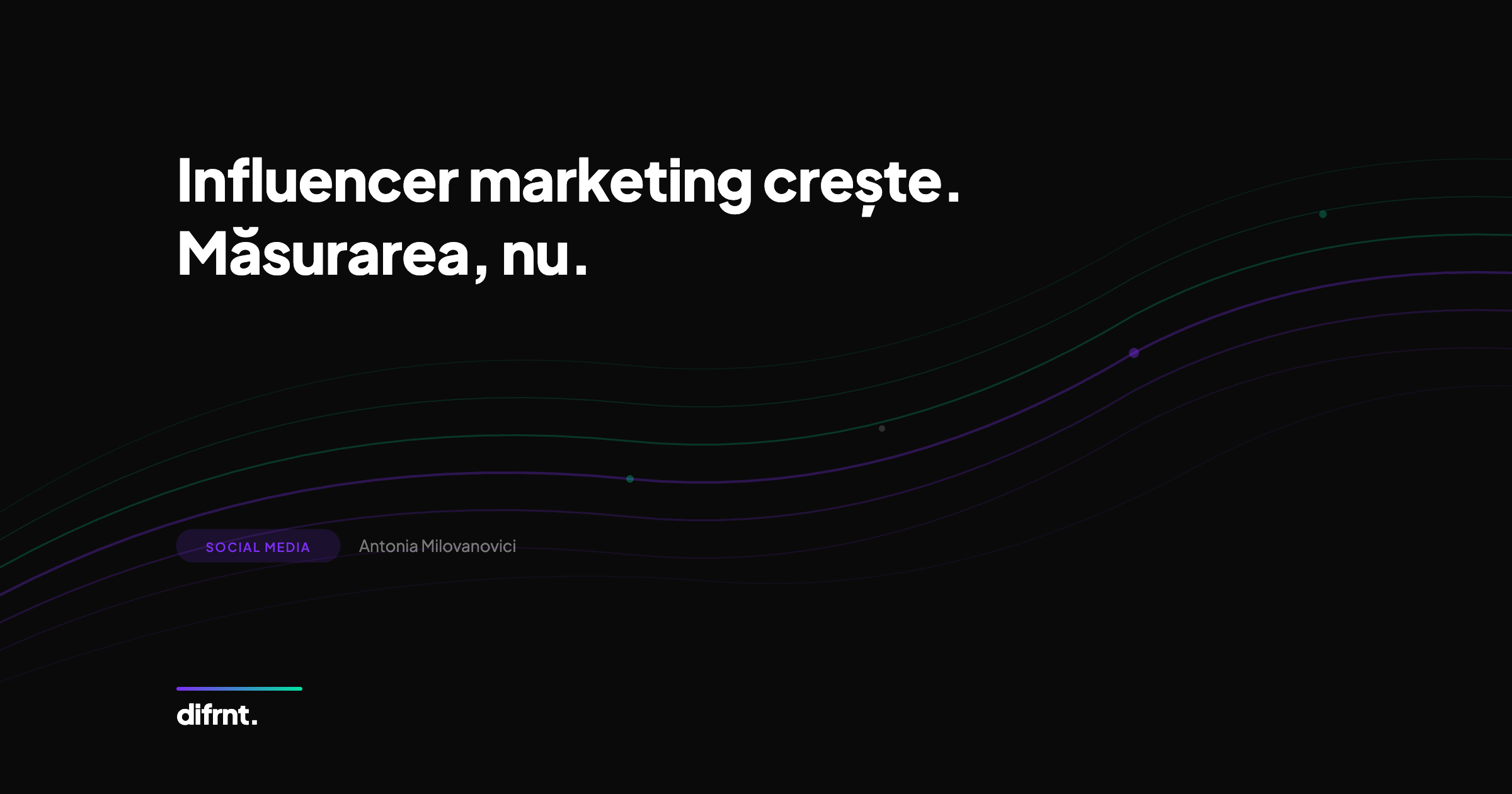 Grafic abstract pe fundal negru ilustrând provocările din măsurarea influencer marketing, cu accente de violet și verde în stilul difrnt.