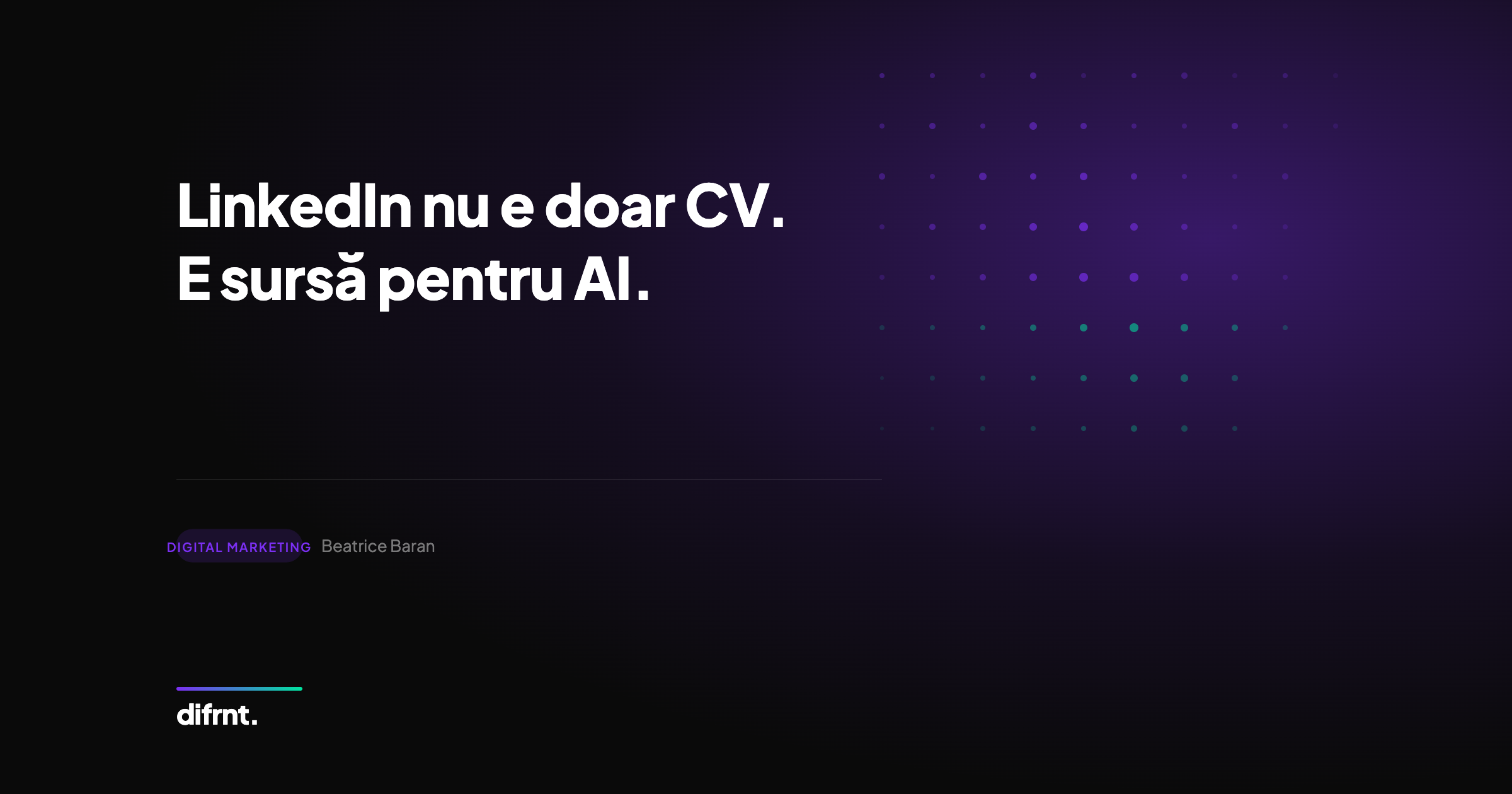 Vizualizare strategică LinkedIn ca sursă de citare pentru motoare AI generative, cu elemente de date și dot matrix