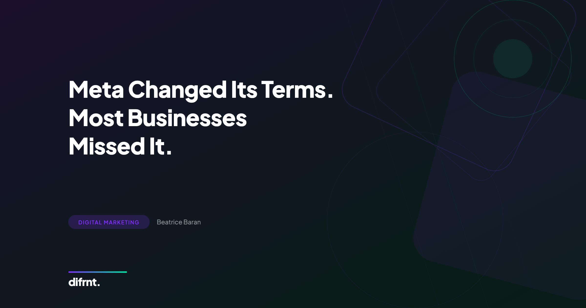 Abstract illustration on dark background representing the implications of Meta's new commercial terms for businesses, with purple and green accents in difrnt. brand style