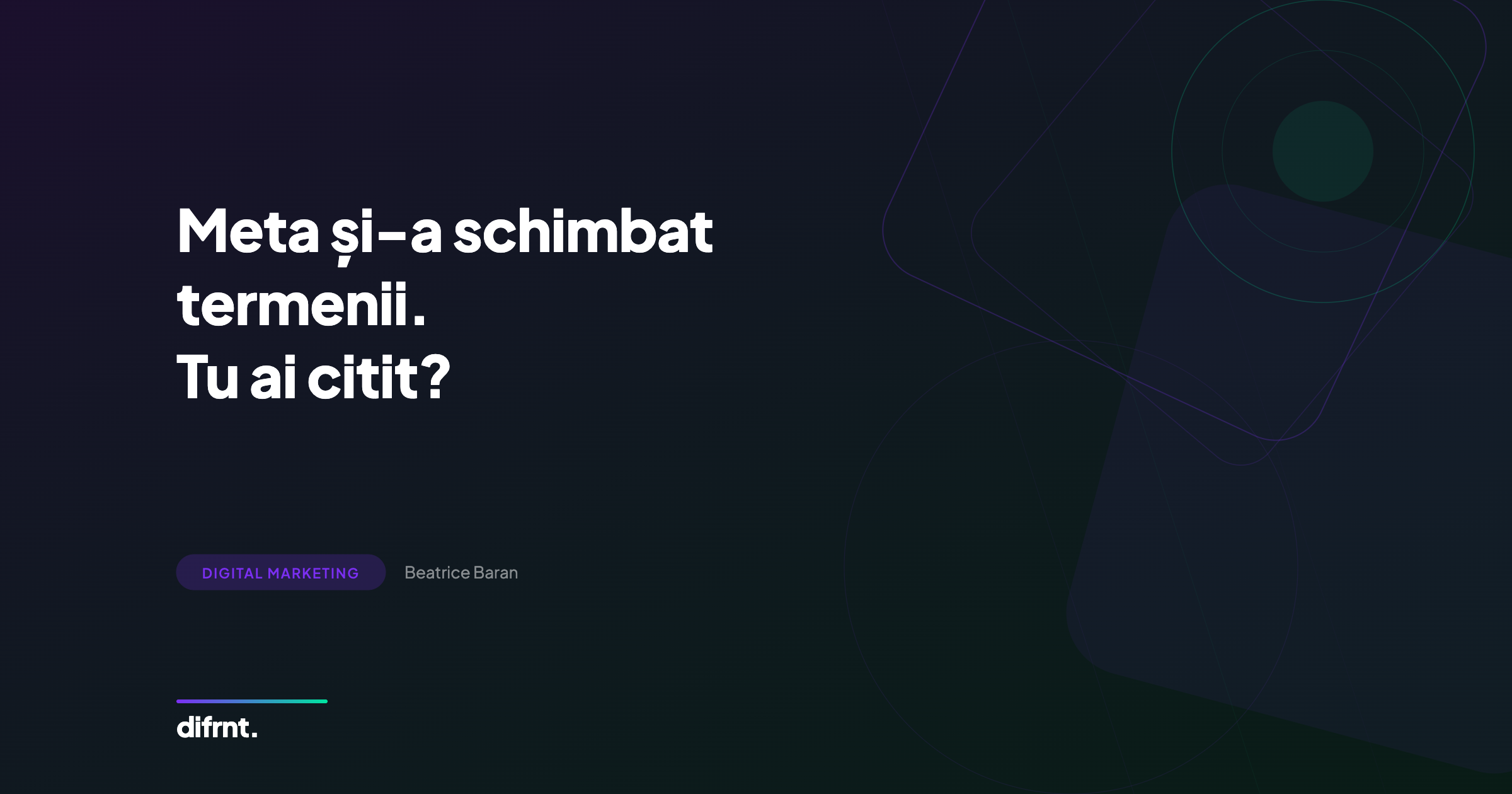 Ilustrație abstractă pe fundal negru reprezentând implicațiile noilor termeni Meta pentru business, cu accente de violet și verde în stilul difrnt.