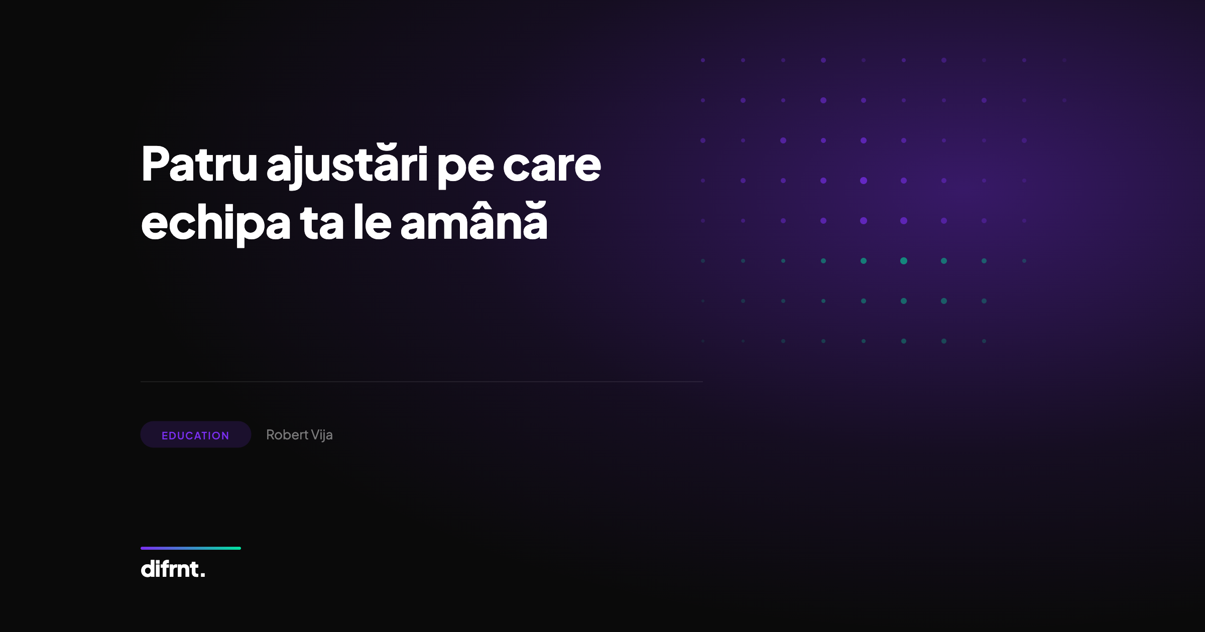 Ilustrație abstractă cu pattern de puncte și gradient violet-verde, reprezentând analiza tendințelor din marketing digital