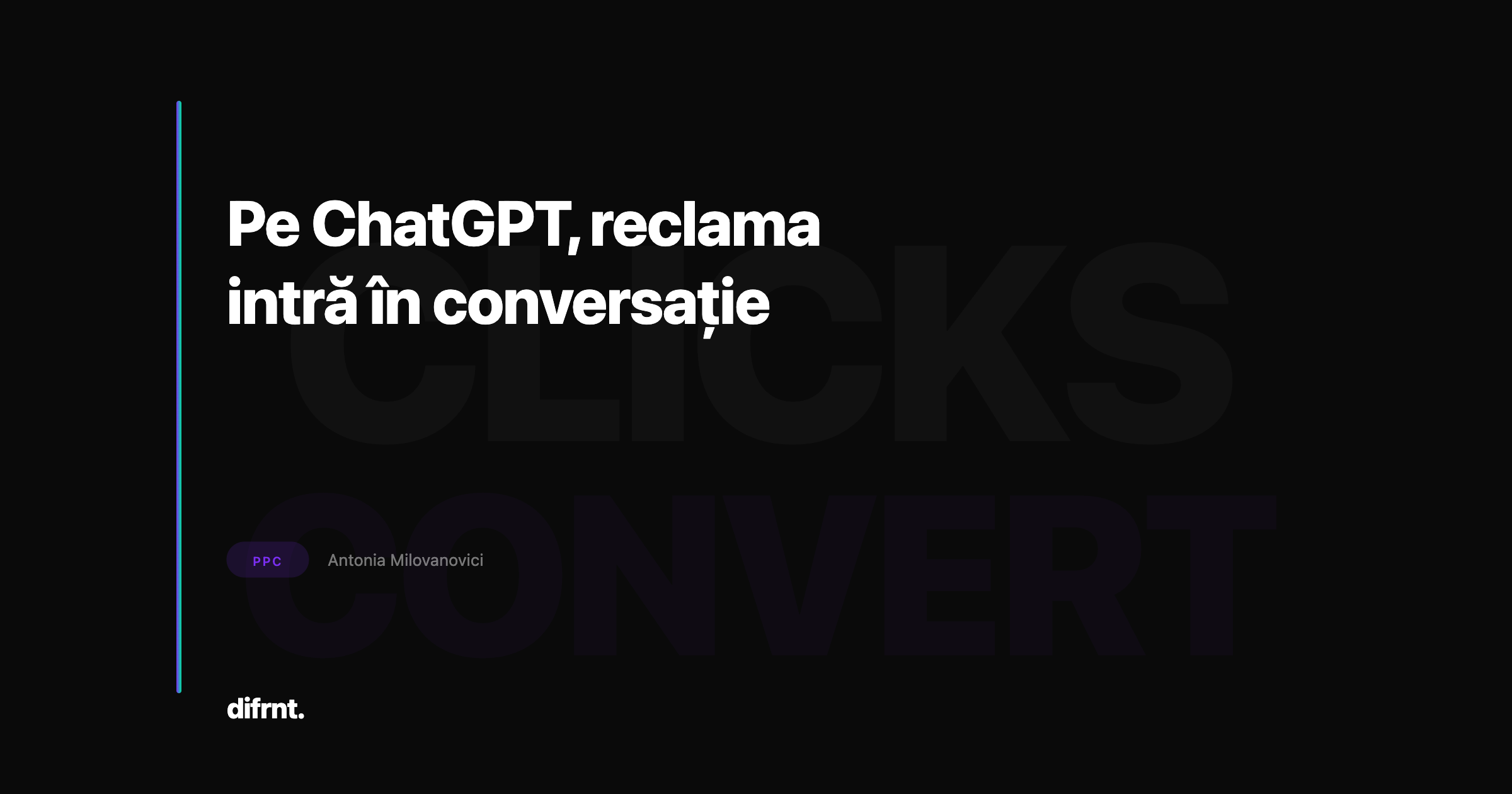 Ilustrație grafică abstractă cu forme în violet și verde pe fundal întunecat, reprezentând publicitatea conversațională pe ChatGPT