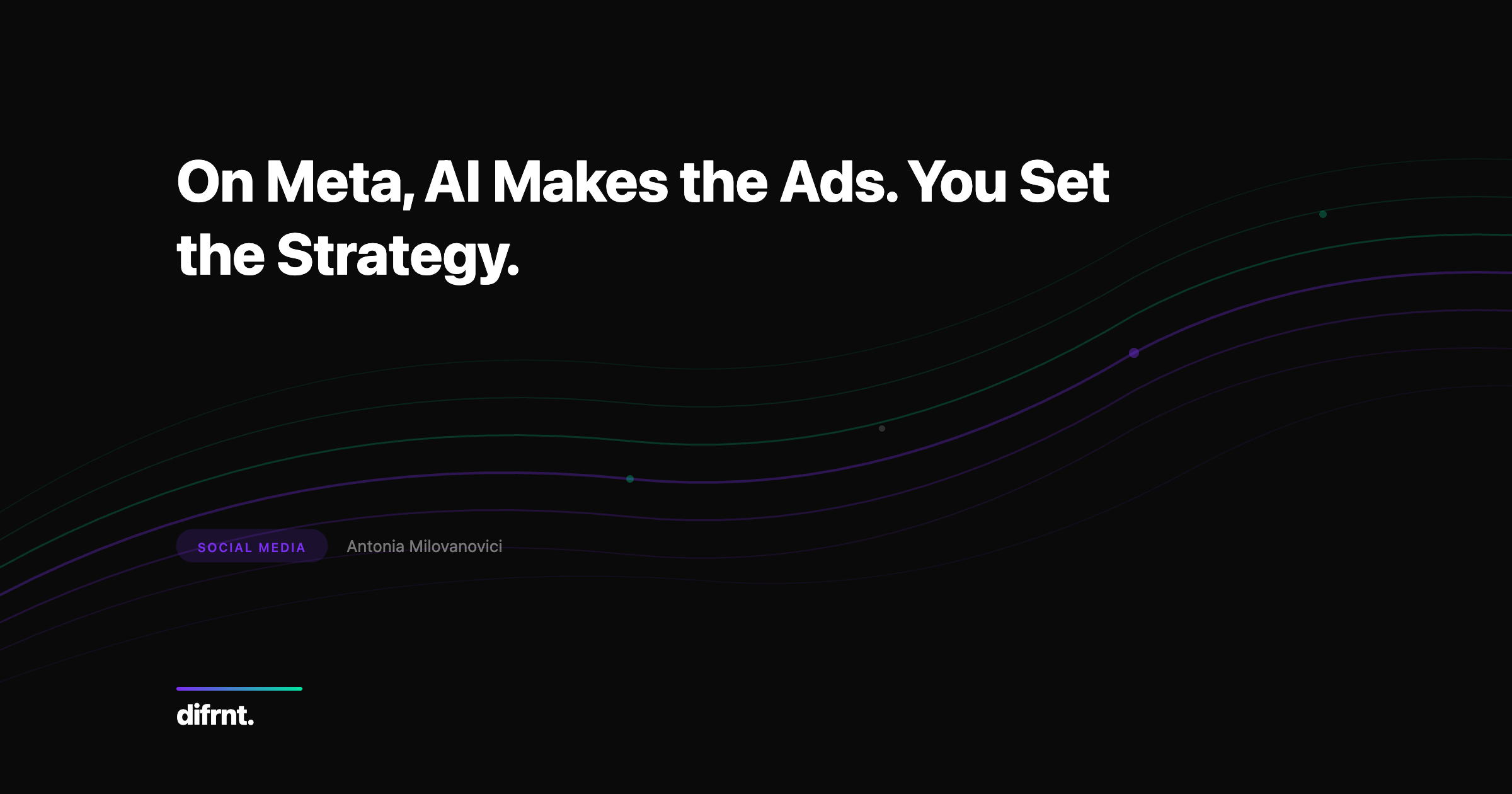 Graphic illustration of artificial intelligence in Meta advertising campaigns, with dynamic purple and green flow lines on dark background