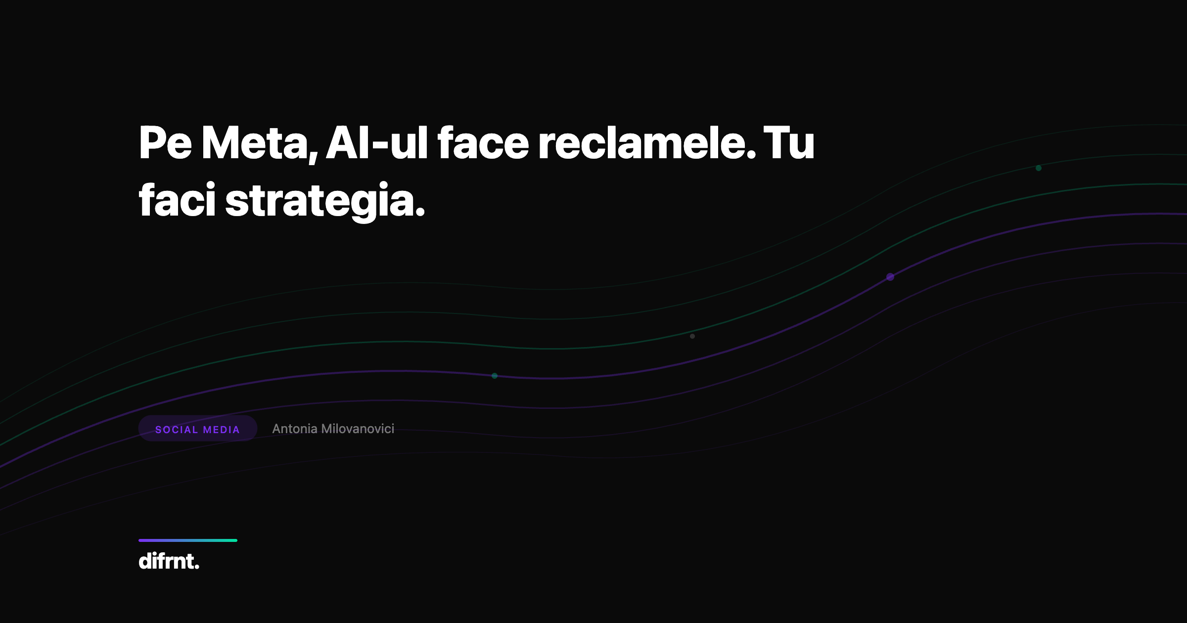 Ilustrație grafică despre inteligența artificială în campaniile publicitare Meta, cu linii dinamice violet și verde pe fundal închis