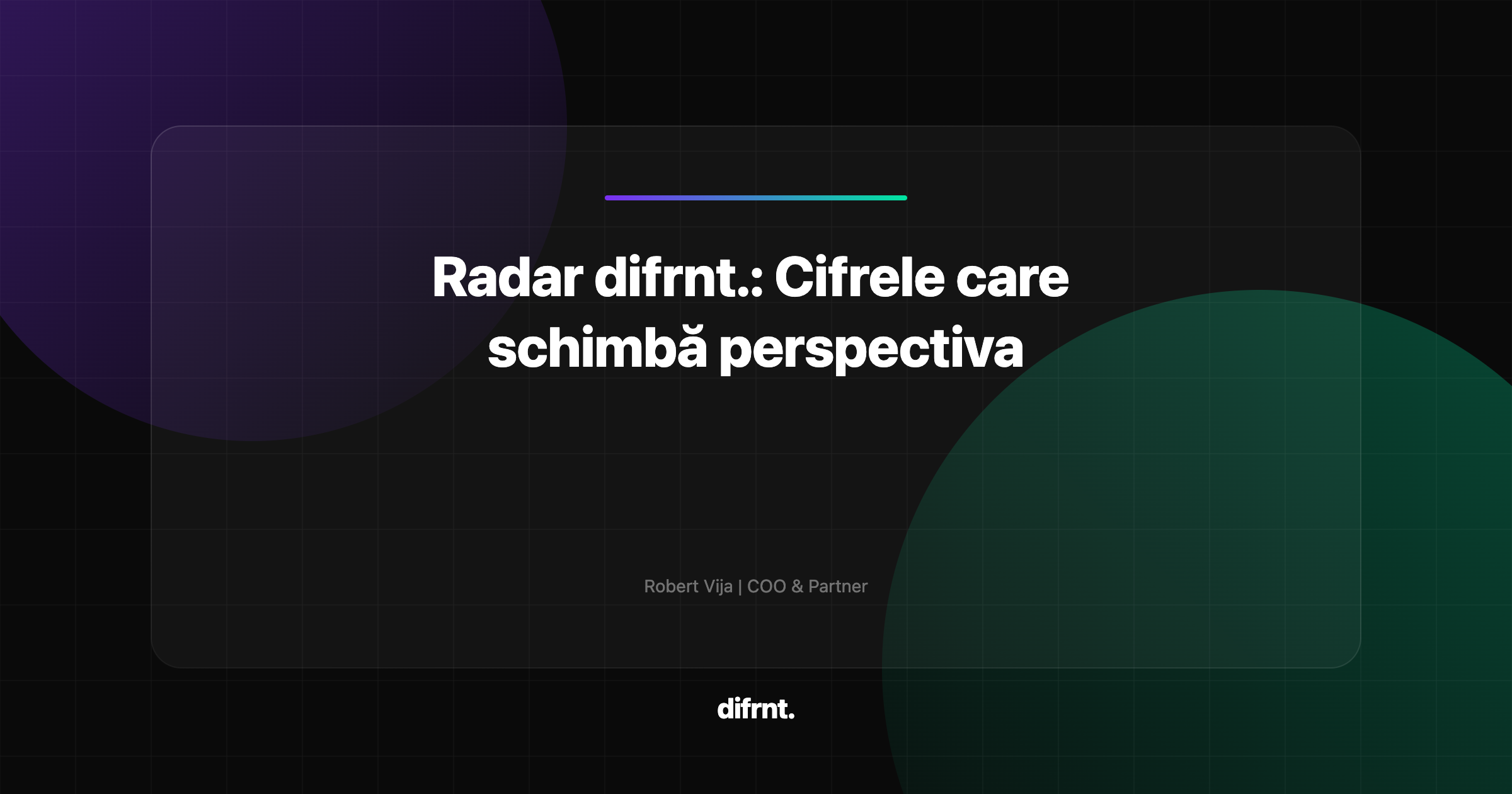 Ilustrație grafică în stil glassmorphism cu elemente în violet și verde pe fundal întunecat, reprezentând analiza datelor și tendințelor din digital marketing
