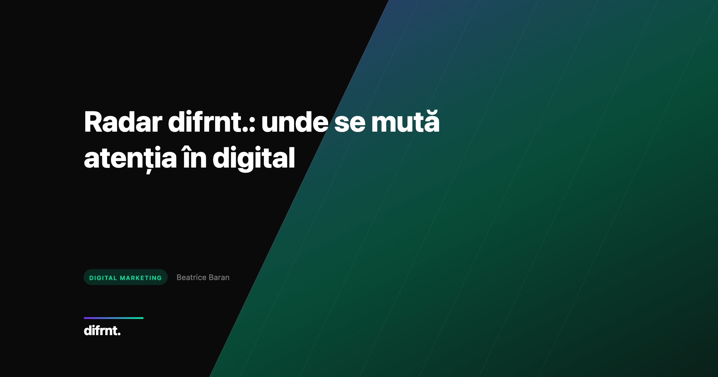 Ilustrație abstractă cu linii organice și gradient violet-verde, reprezentând tendințe și mișcări din marketingul digital