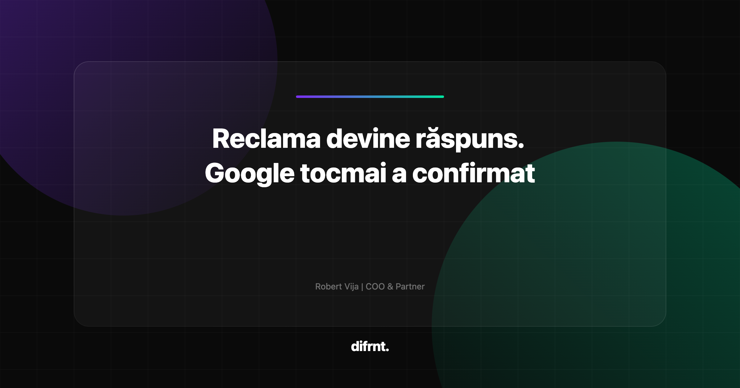 Ilustrație abstractă cu formate noi de reclame Google în AI Mode, pe fundal întunecat cu accente purple și verde