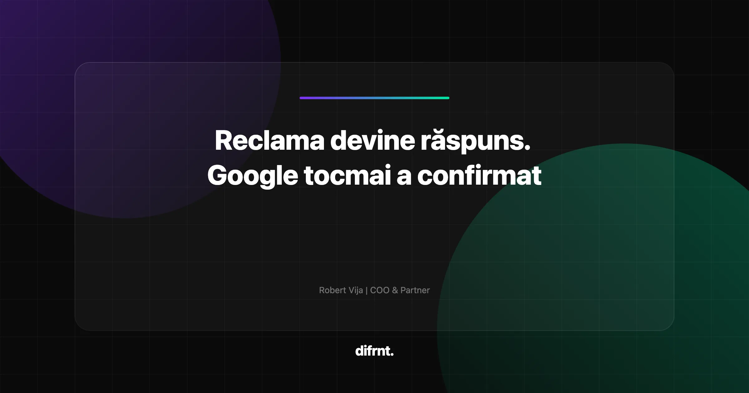 Ilustrație abstractă cu formate noi de reclame Google în AI Mode, pe fundal întunecat cu accente purple și verde