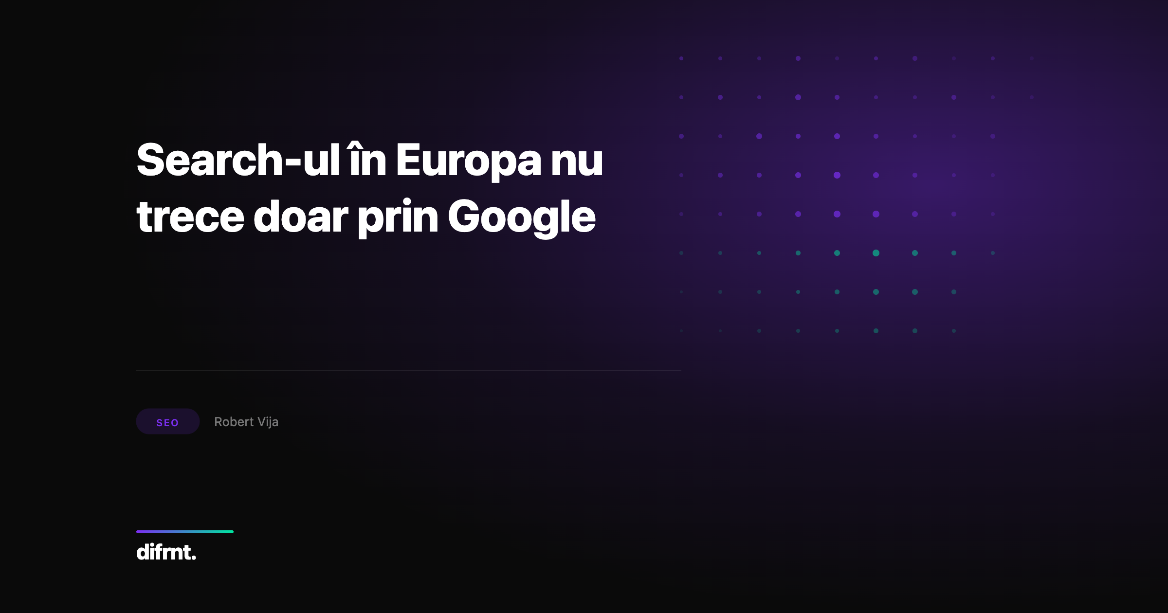 Strategia de search în Europa: motoare locale, marketplace-uri și reglementări DMA pe fundal întunecat cu accente violet și verde