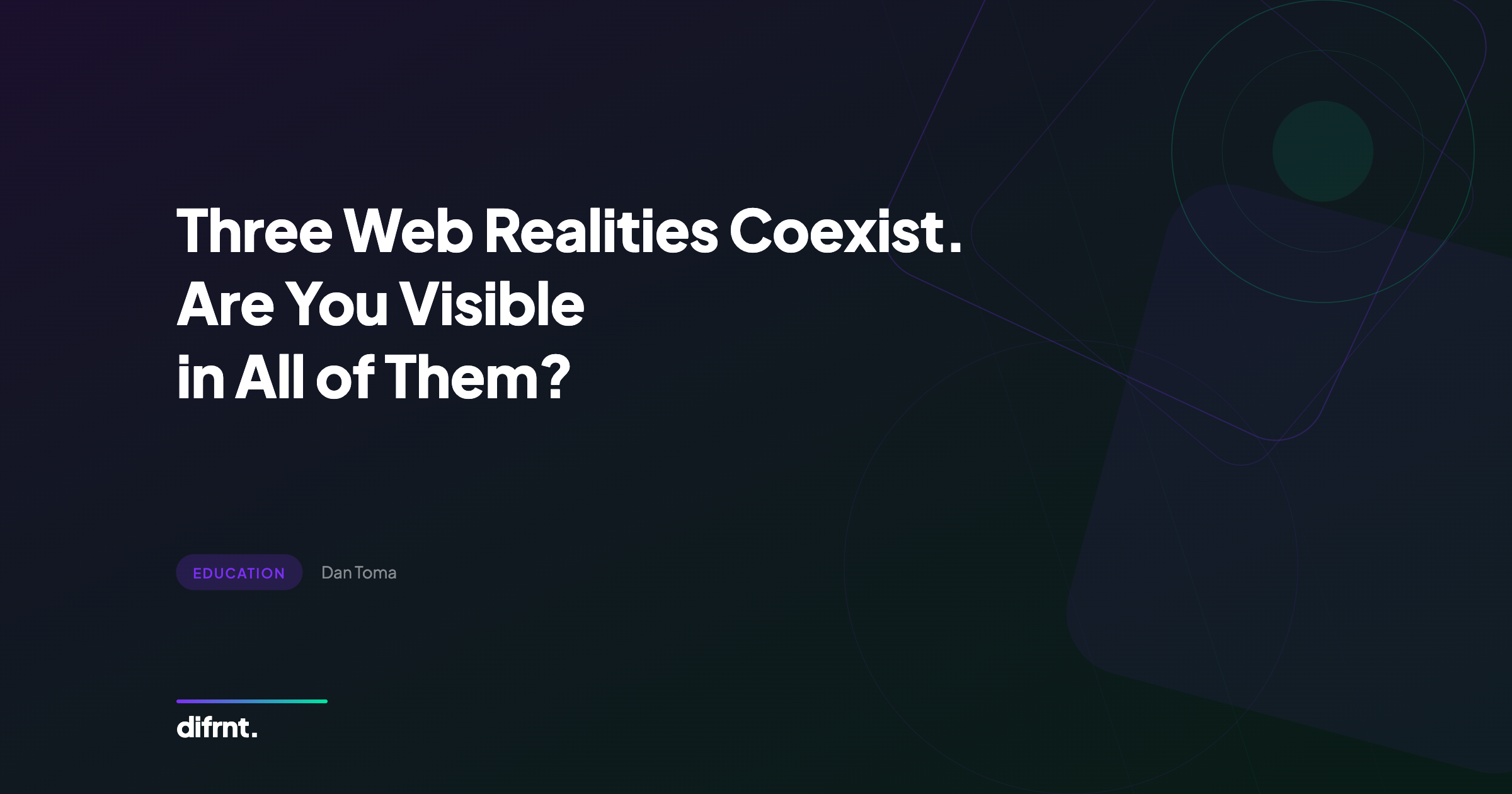 Three web realities coexist: human searches, AI comparisons, and autonomous agents. Geometric visualization on dark background, difrnt. brand