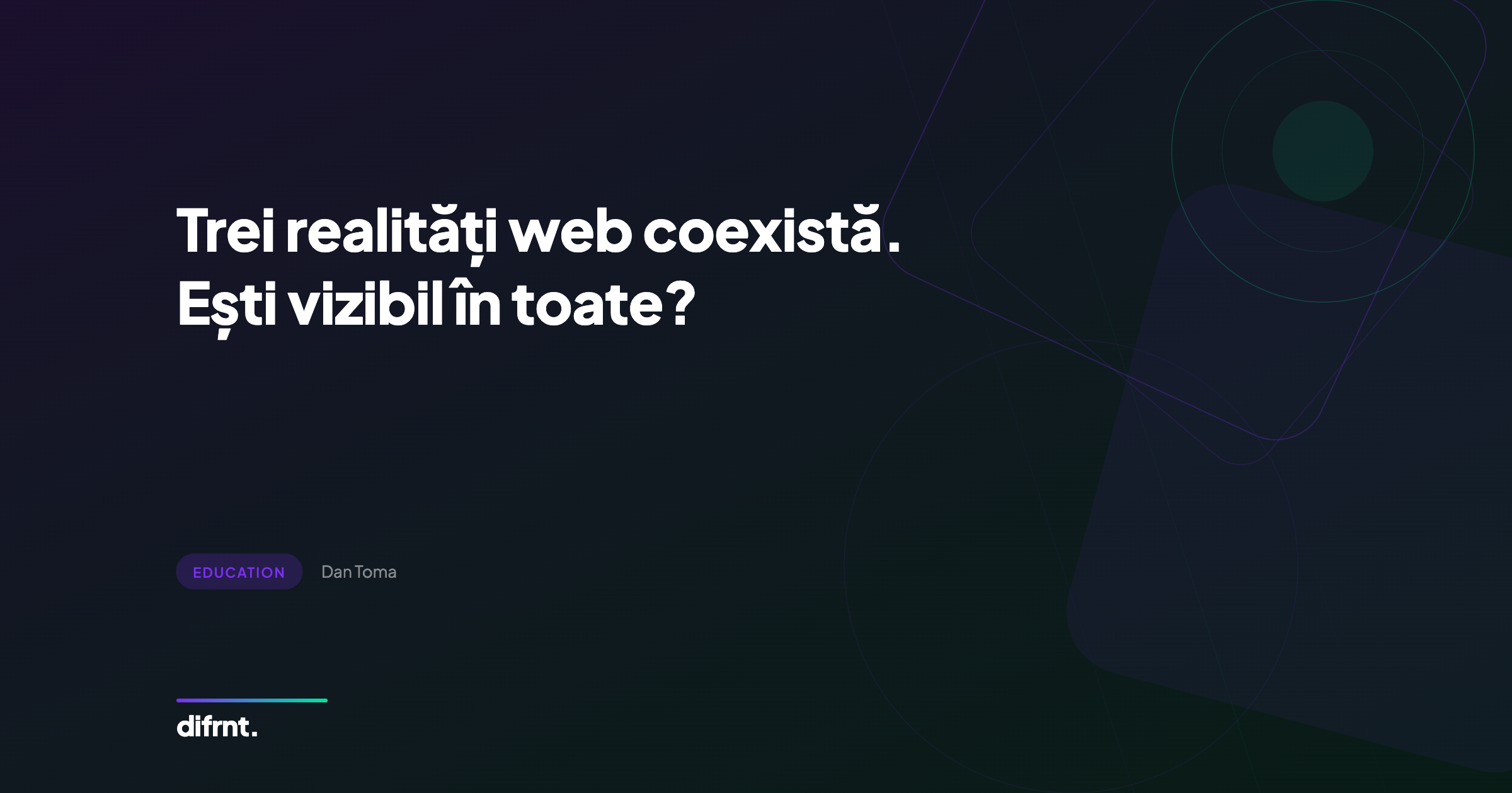 Trei realități web coexistă: căutări umane, comparații AI și agenți autonomi. Vizualizare grafică cu elemente geometrice pe fundal întunecat, brand difrnt.