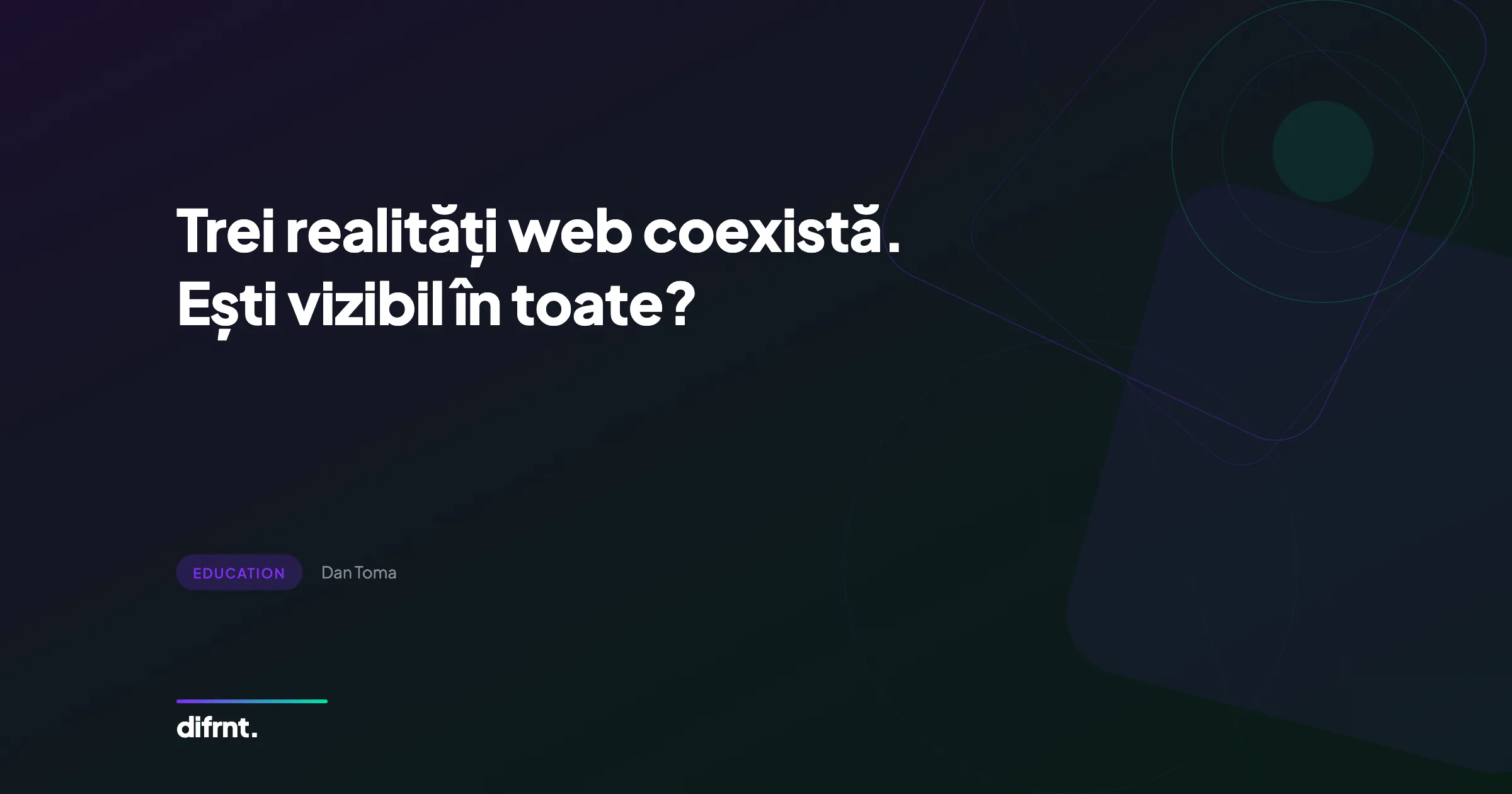 Trei realități web coexistă: căutări umane, comparații AI și agenți autonomi. Vizualizare grafică cu elemente geometrice pe fundal întunecat, brand difrnt.