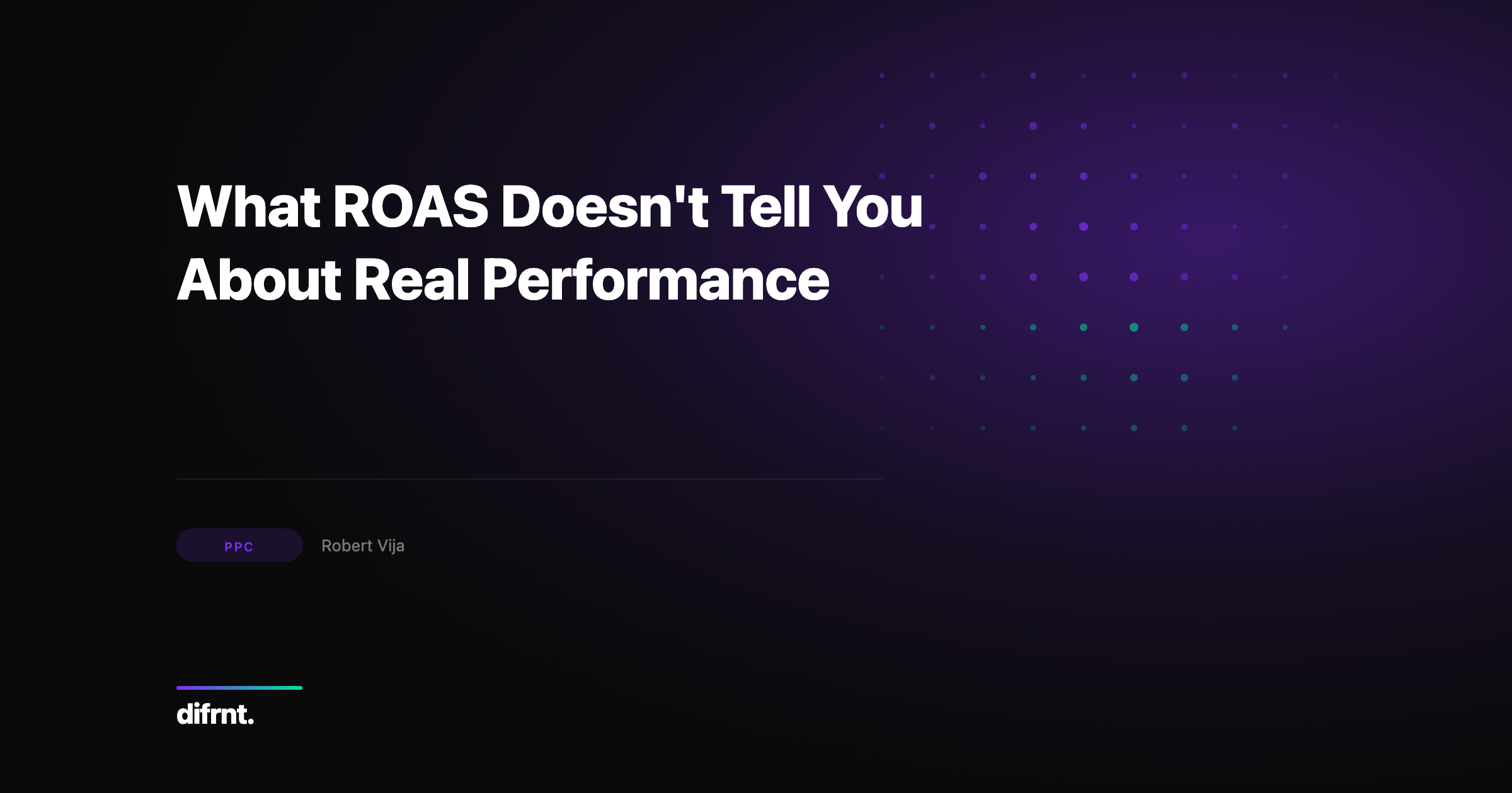 Conceptual graphic showing performance marketing metrics beyond ROAS on dark background with purple and green accents